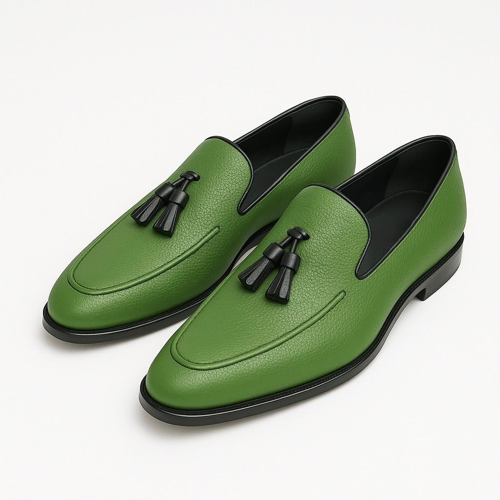Green Pebble-Grain Leather Tassel Loafers