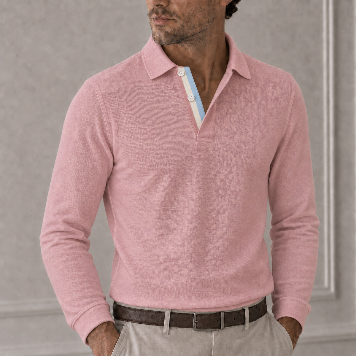 Long Sleeve Piqué Polo — Pink