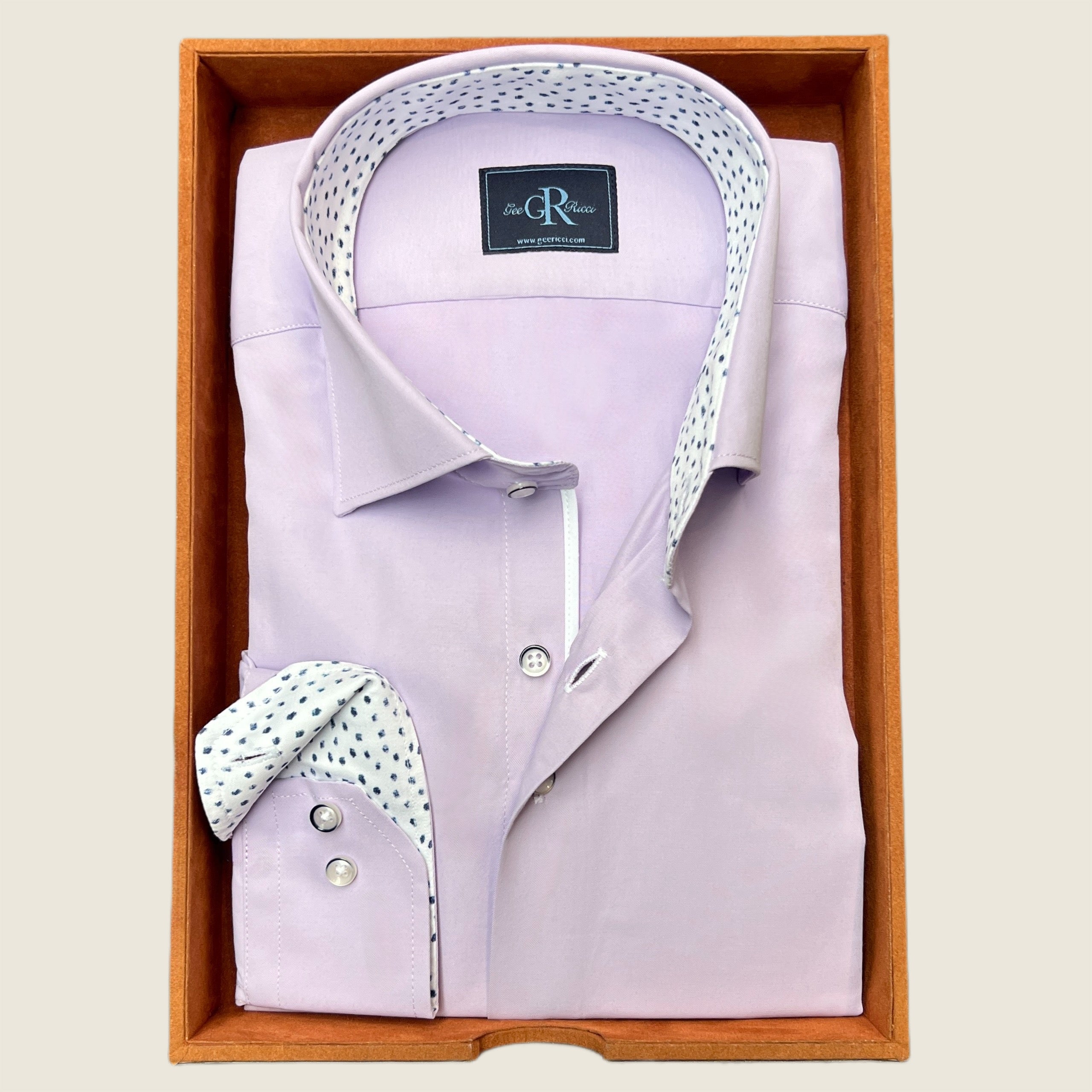 Men’s lilac cotton shirt with patterned trim, sizes 38–49 – Gee Ricci