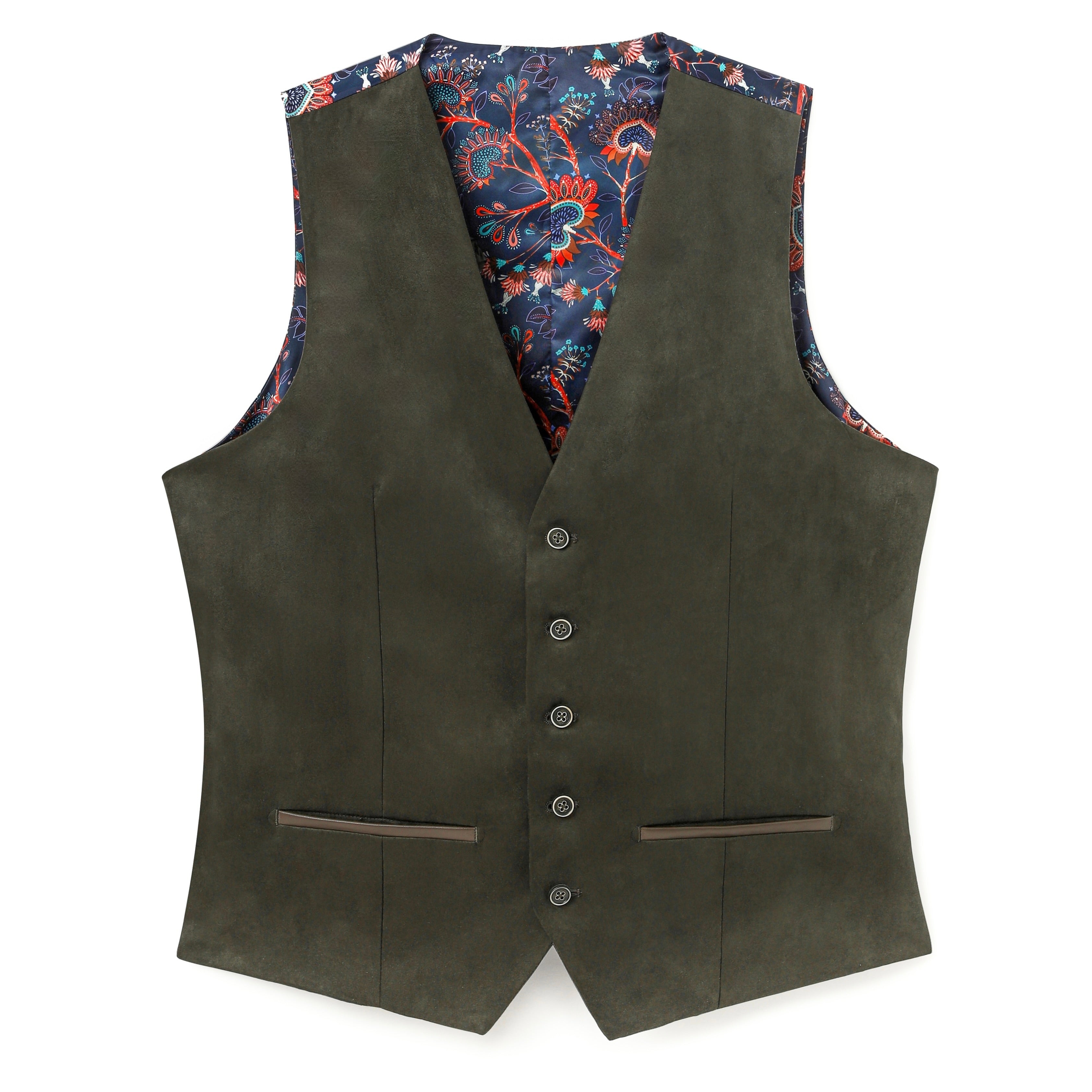Olive Alcantara Waistcoat with Tonal Faux Leather Trim