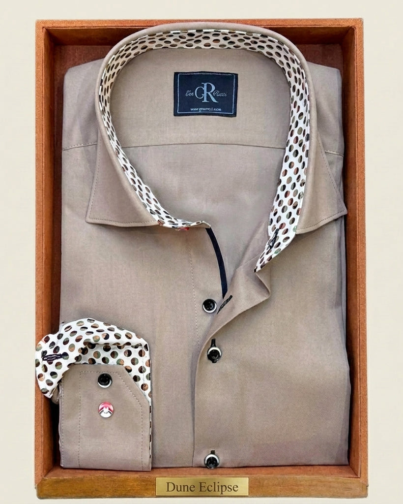 Beige shirt with patterned collar and cuffs in a wooden box