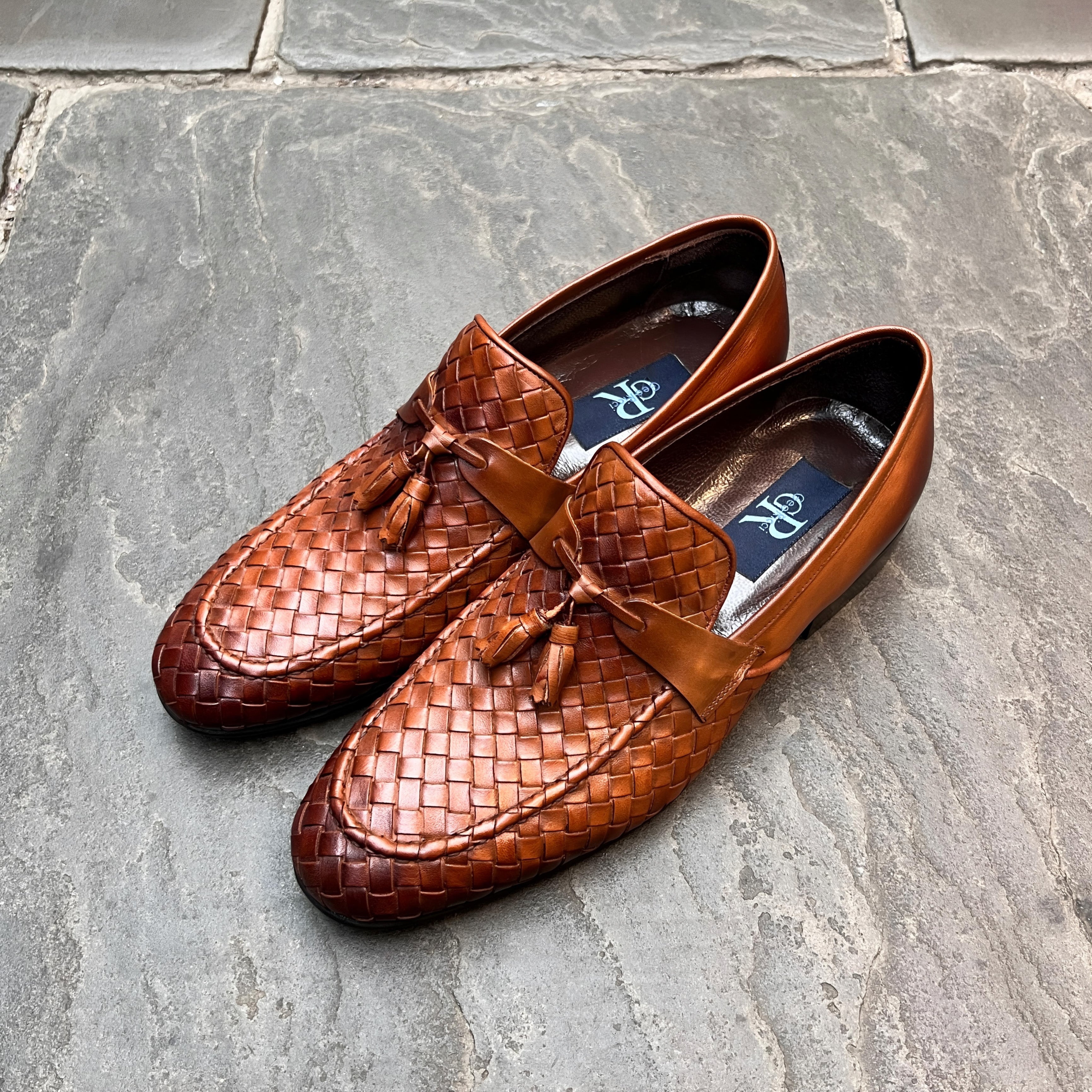 Tan Basket Weave Tassel Loafers