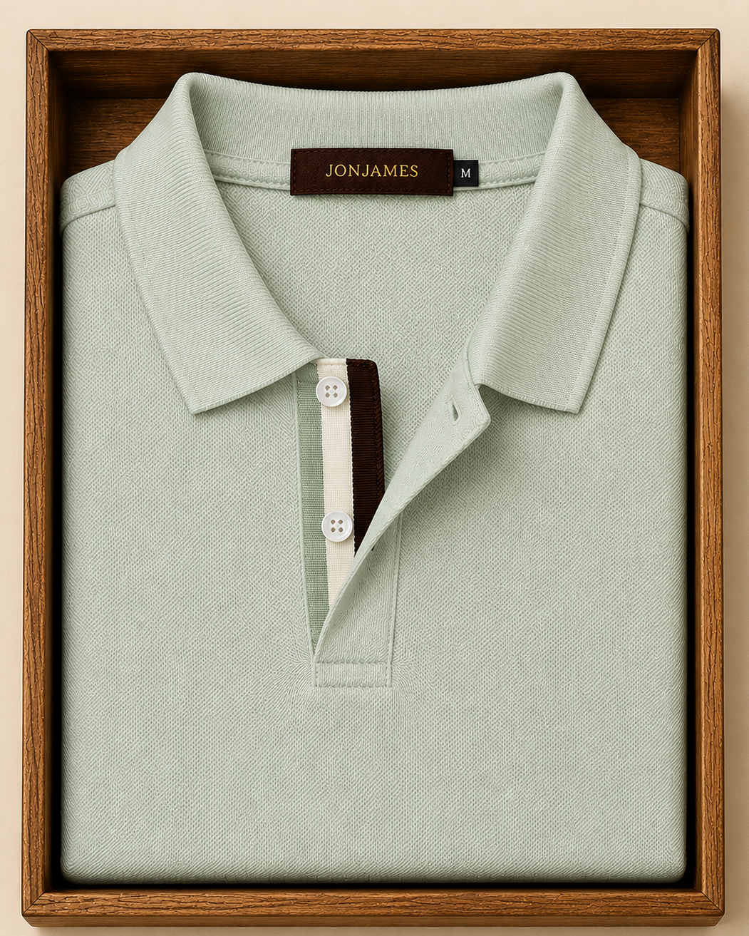 Light green polo shirt with 'JonJames' label in a wooden box on a beige background
