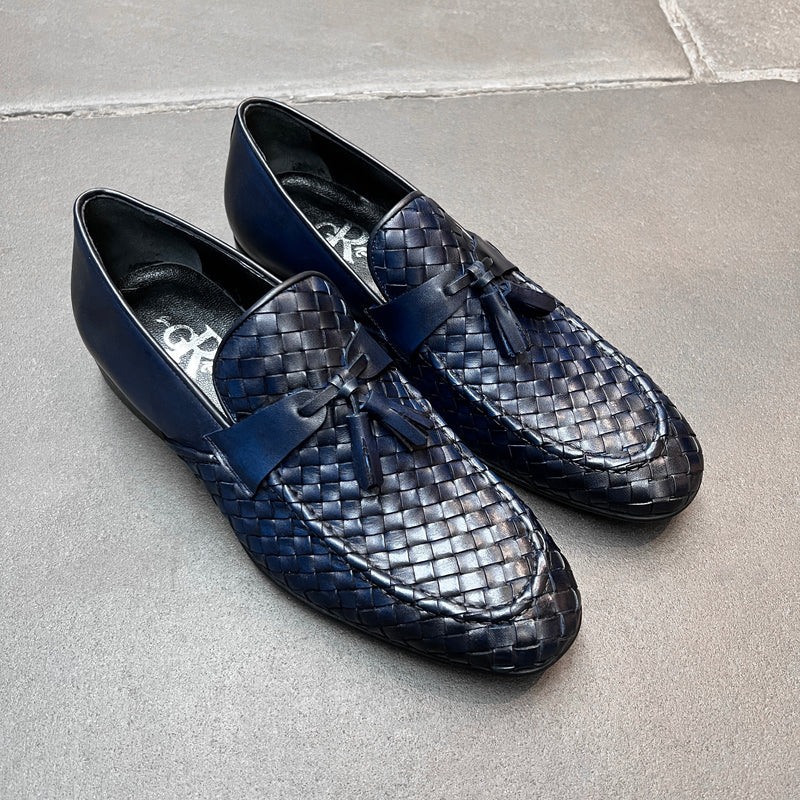 Navy Basket Weave Tassel Loafers