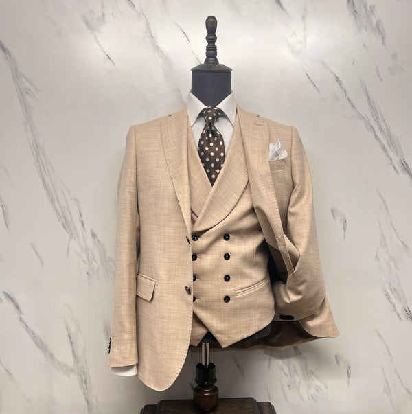 Beige Three-Piece Suit with Double Breasted Waistcoat