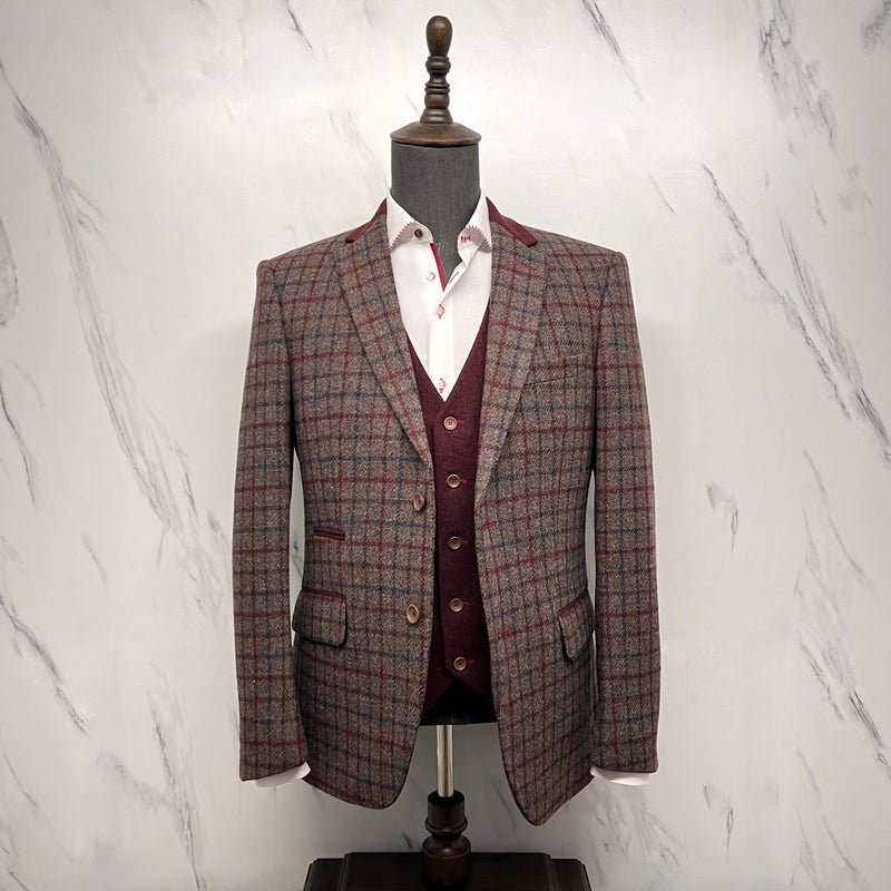 Tweed Blazer with burgundy collar