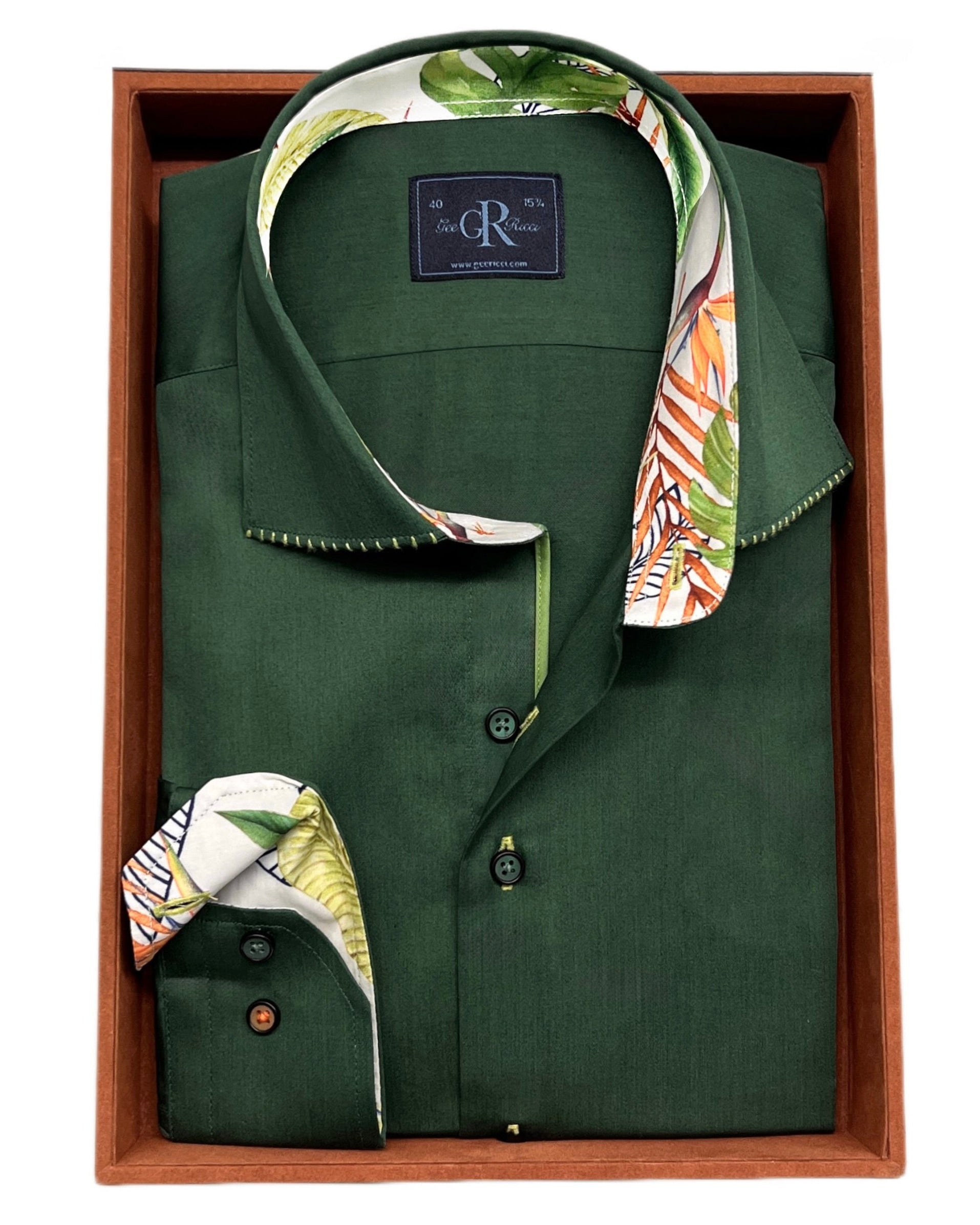 Green dress shirt with patterned collar in a wooden box
