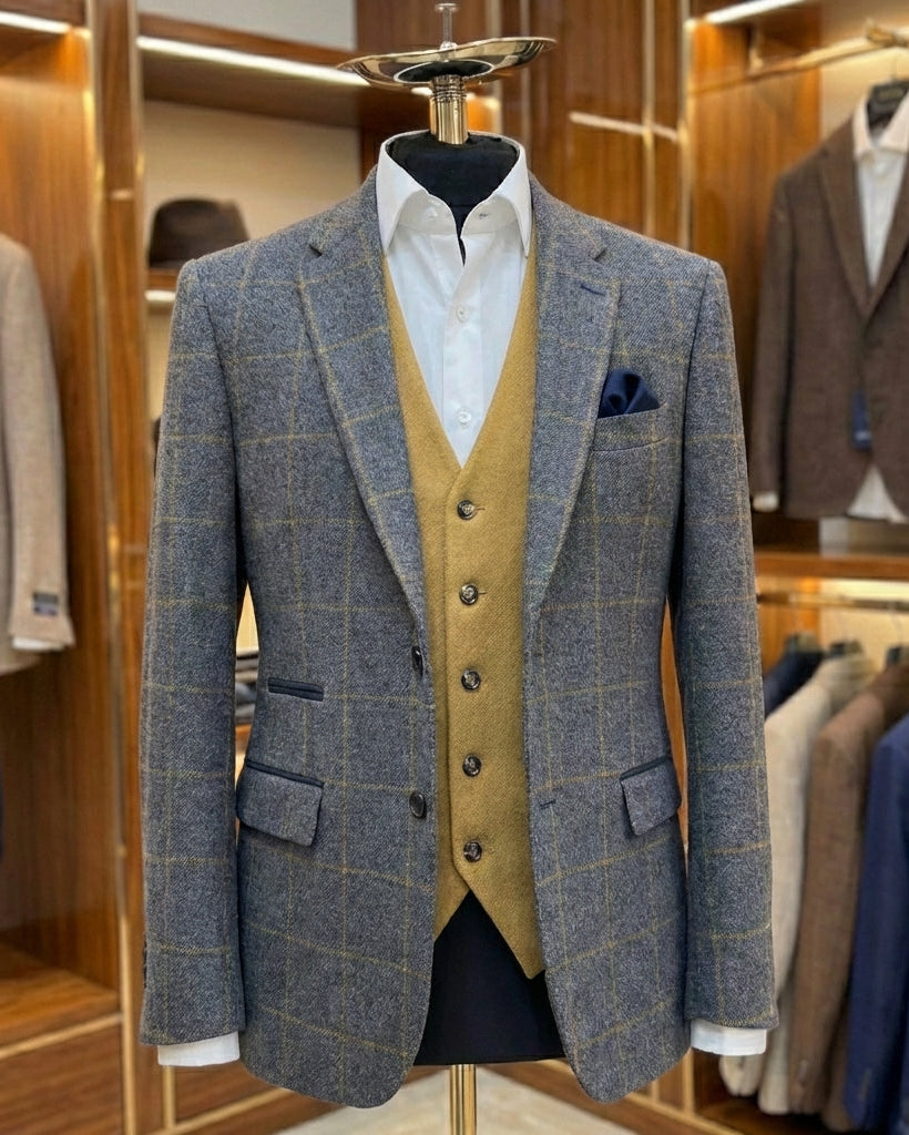 Grey & Mustard Check Blazer with navt trim on pockets