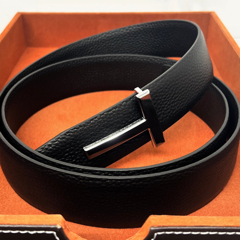 Modern Black Textured Leather T Belt