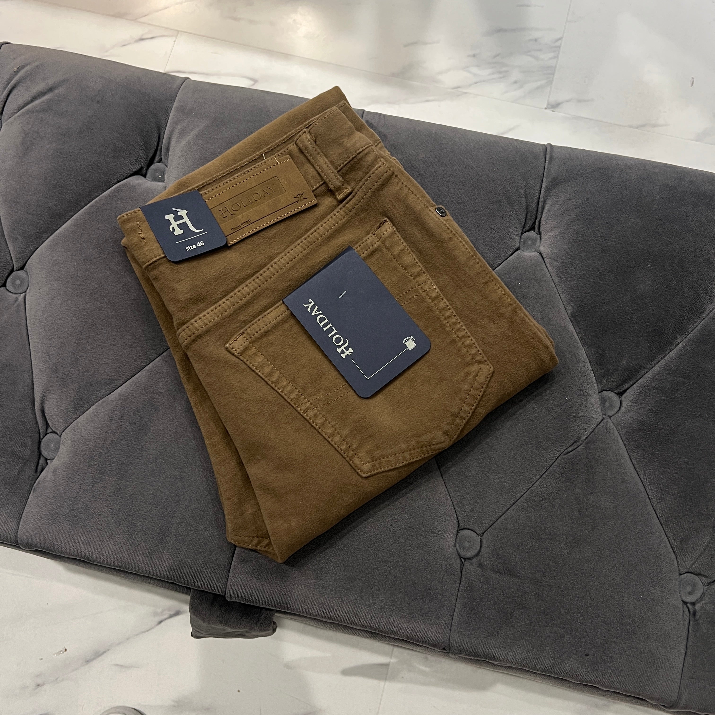 Tobacco Brown Moleskin Plat Jeans