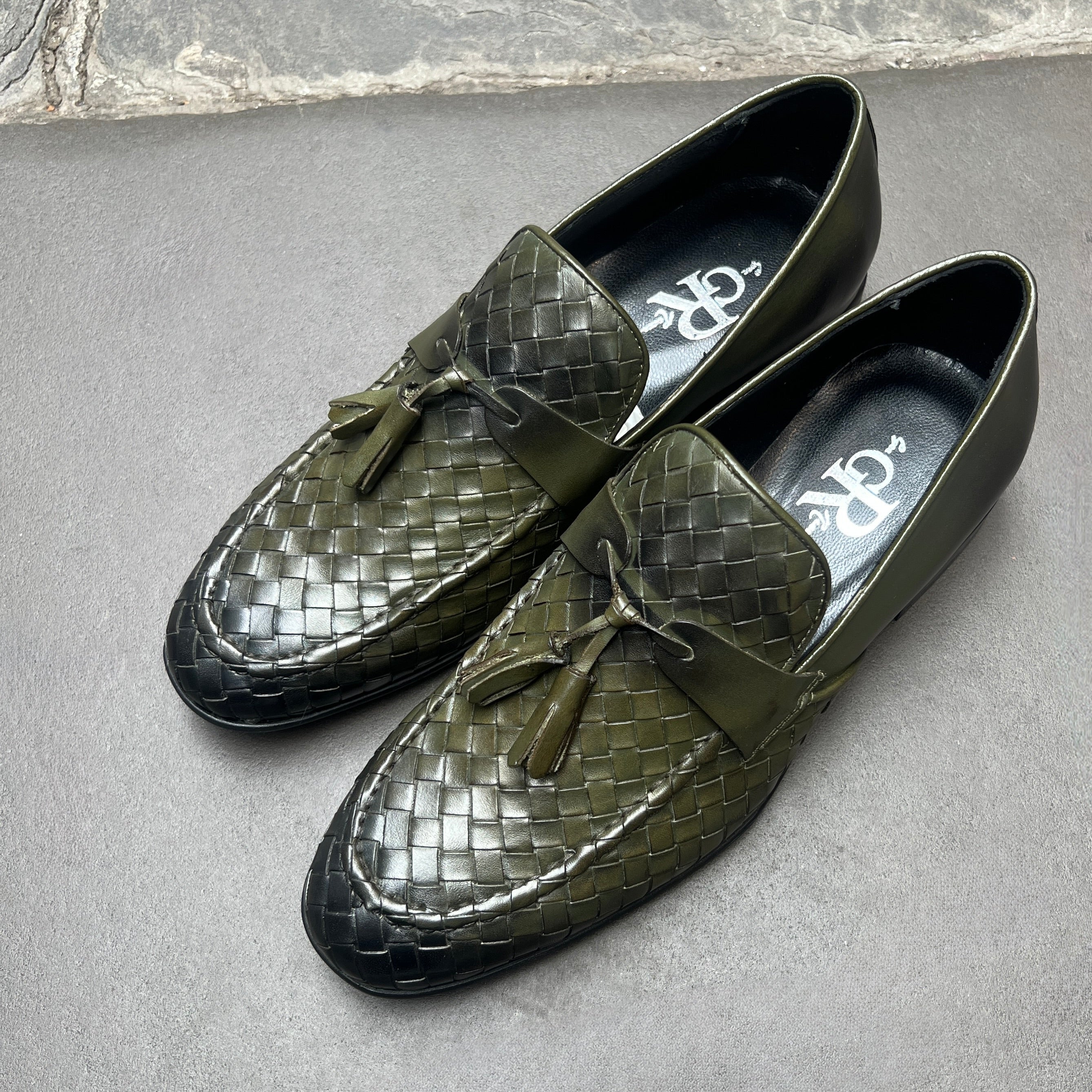Woven Leather Tassel Loafers in Olive Patina
