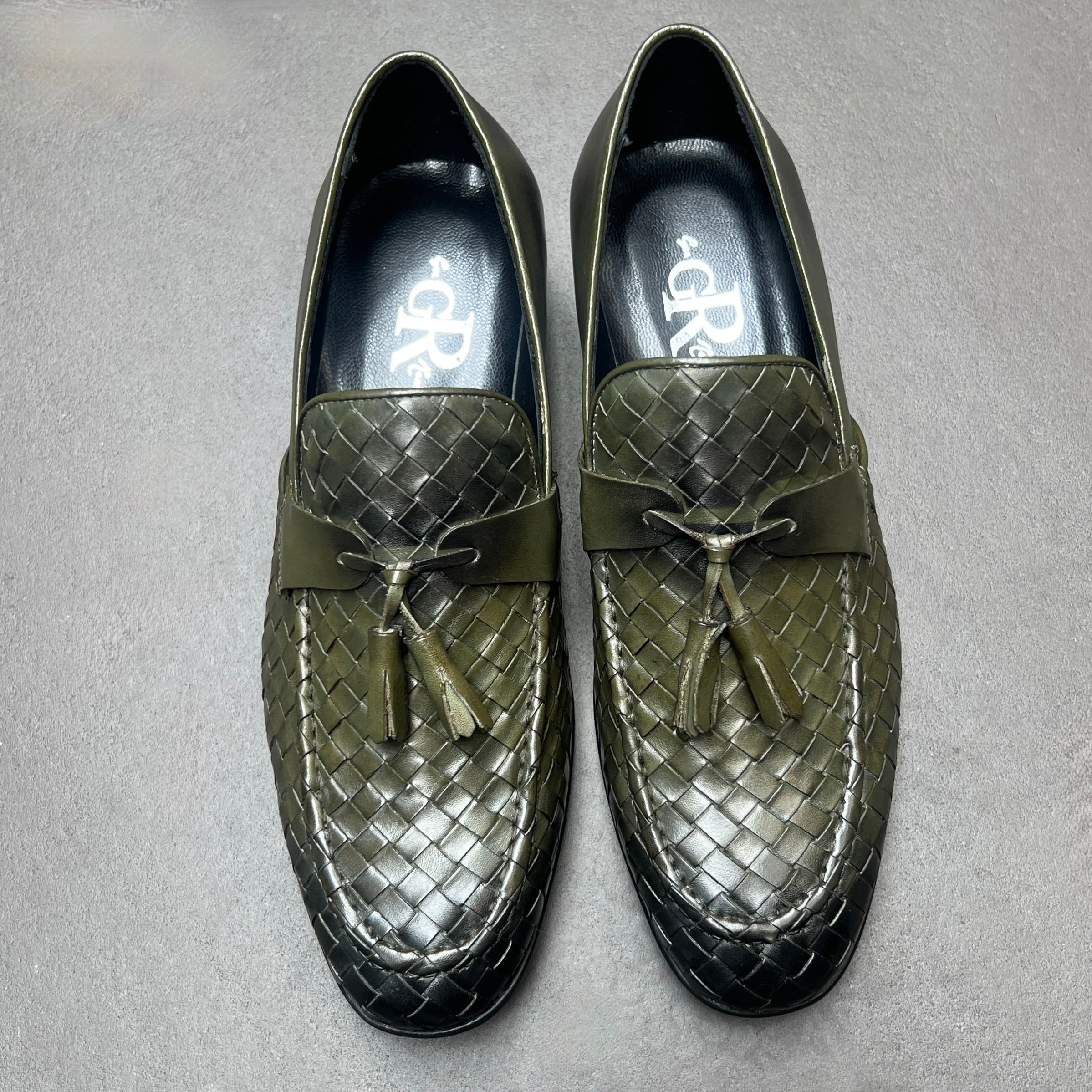 Woven Leather Tassel Loafers in Olive Patina