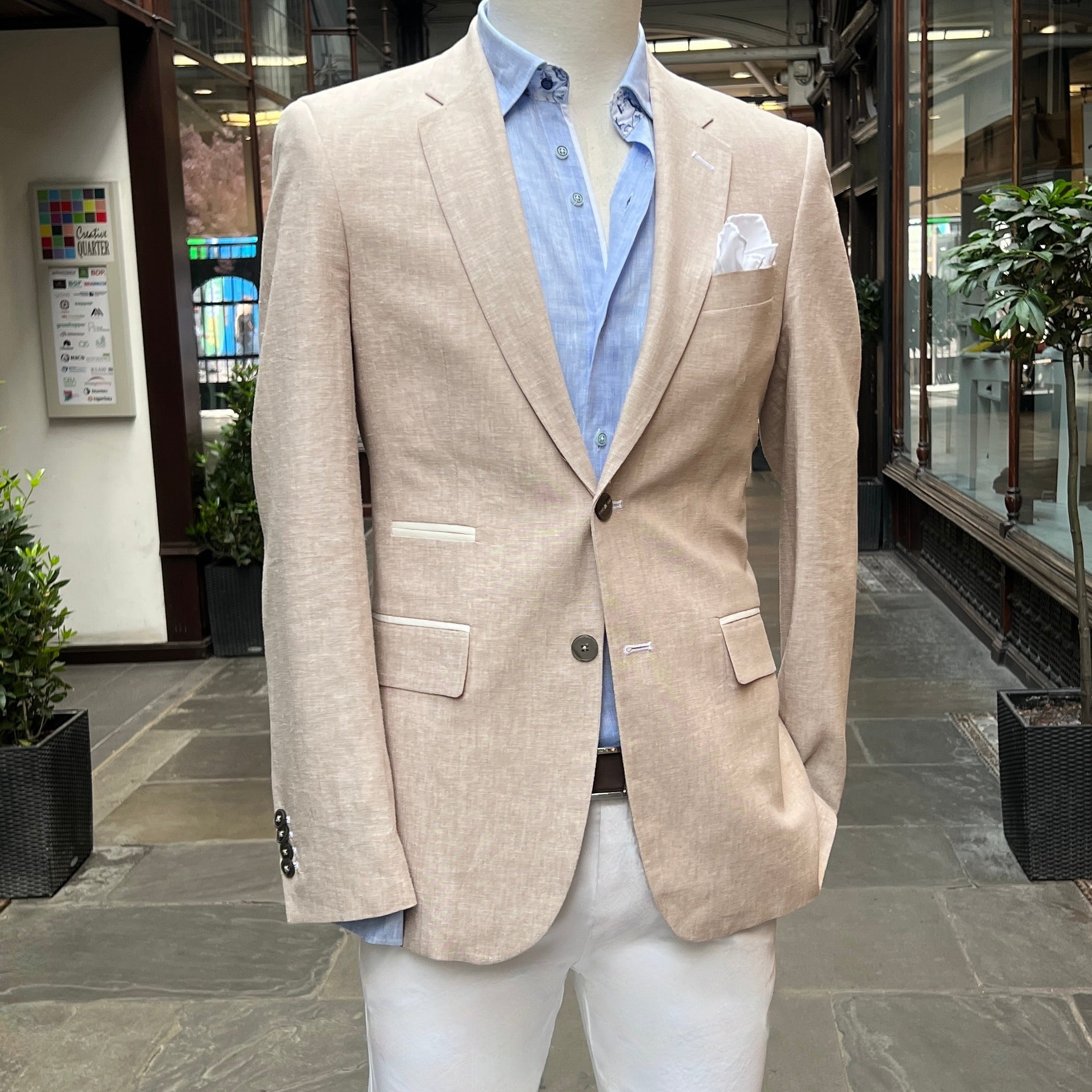 Italian Pure Linen Blazer in Sandstone Beige with White Contrast Trim