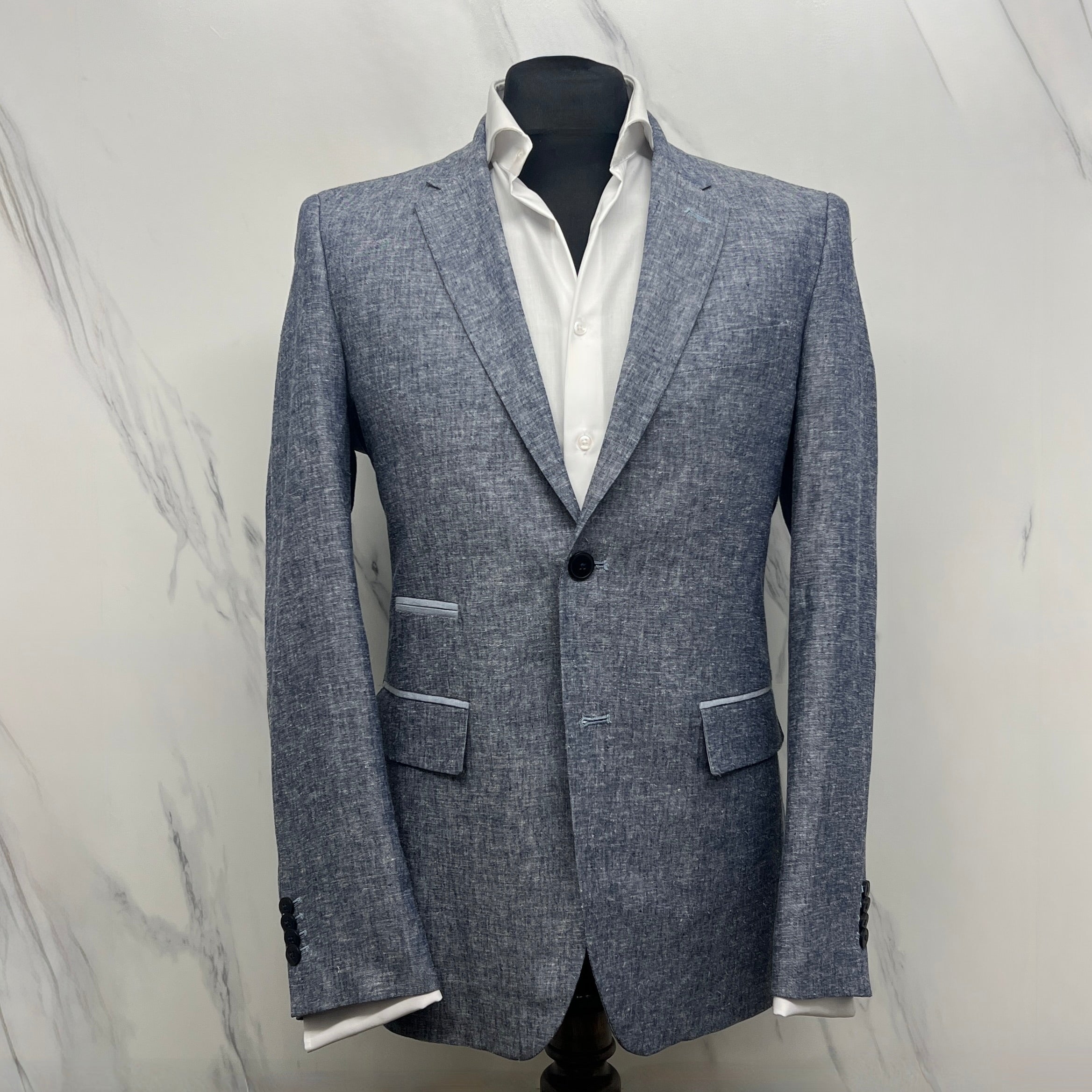 Italian Pure Linen Blazer in Sky Mélange with Contrast Trim
