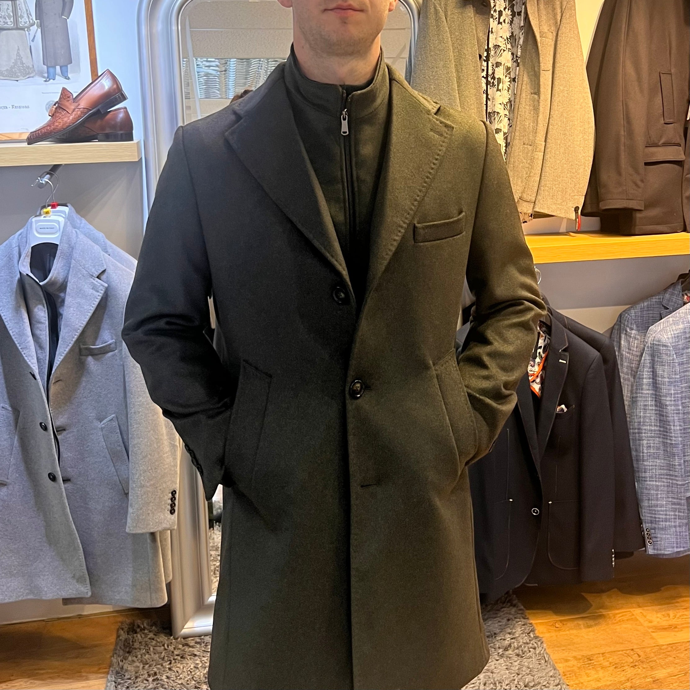 Green Wool and Cashmere Hybrid Overcoat