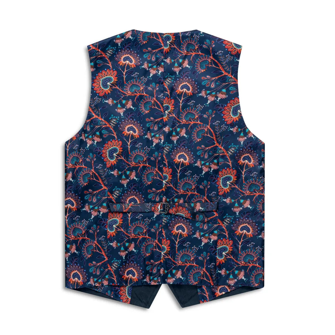 Navy Alcantara Waistcoat – Brown Faux Leather Trim