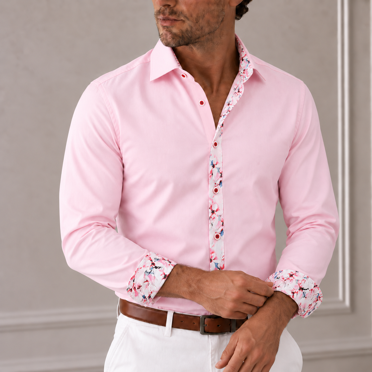 Pink Petal Contrast – Pink Shirt with Floral Trim