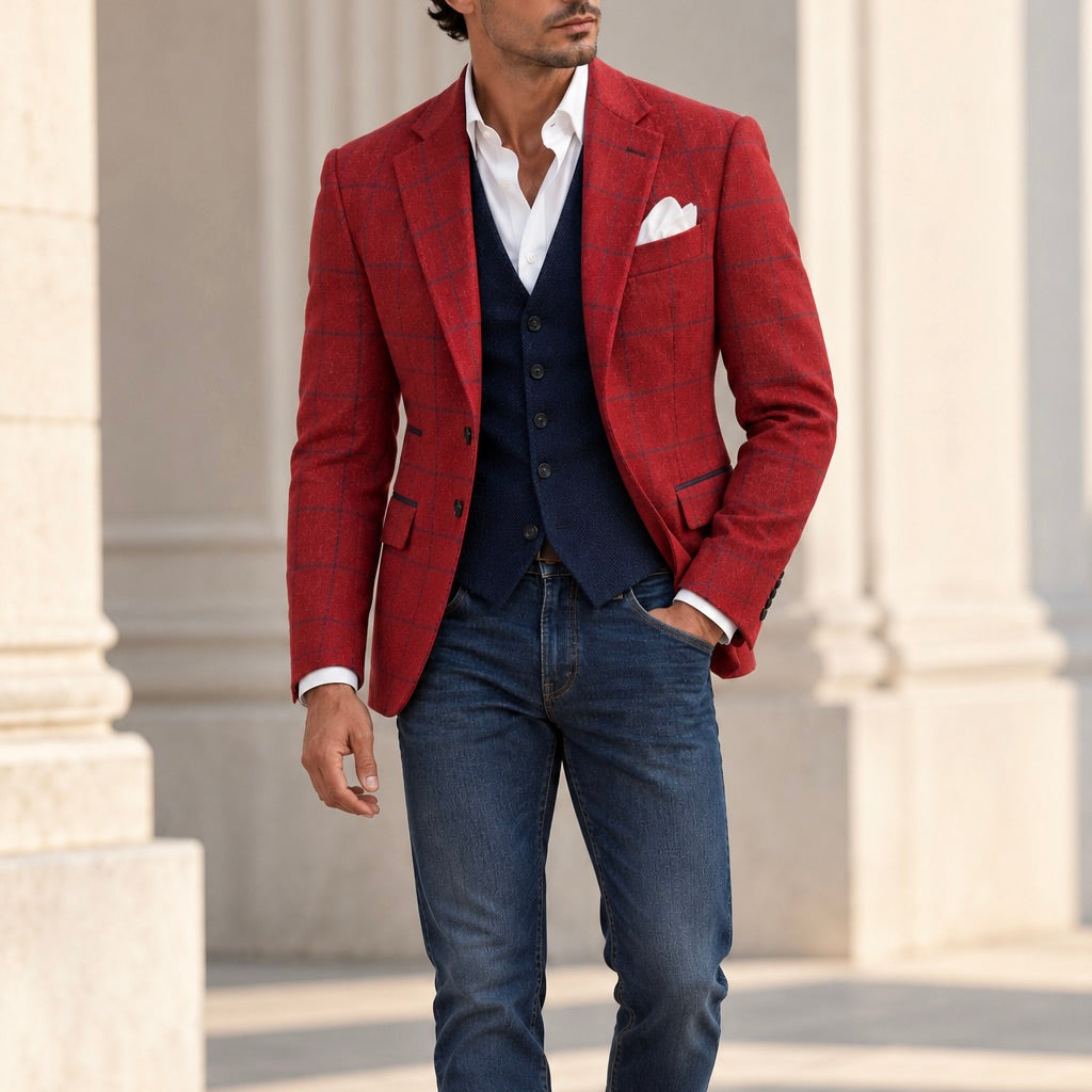 Red and Blue Over-Check Blazer
