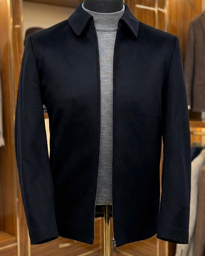 Navy Wool Cashmere Silk Zip Jacket – Regular Fit