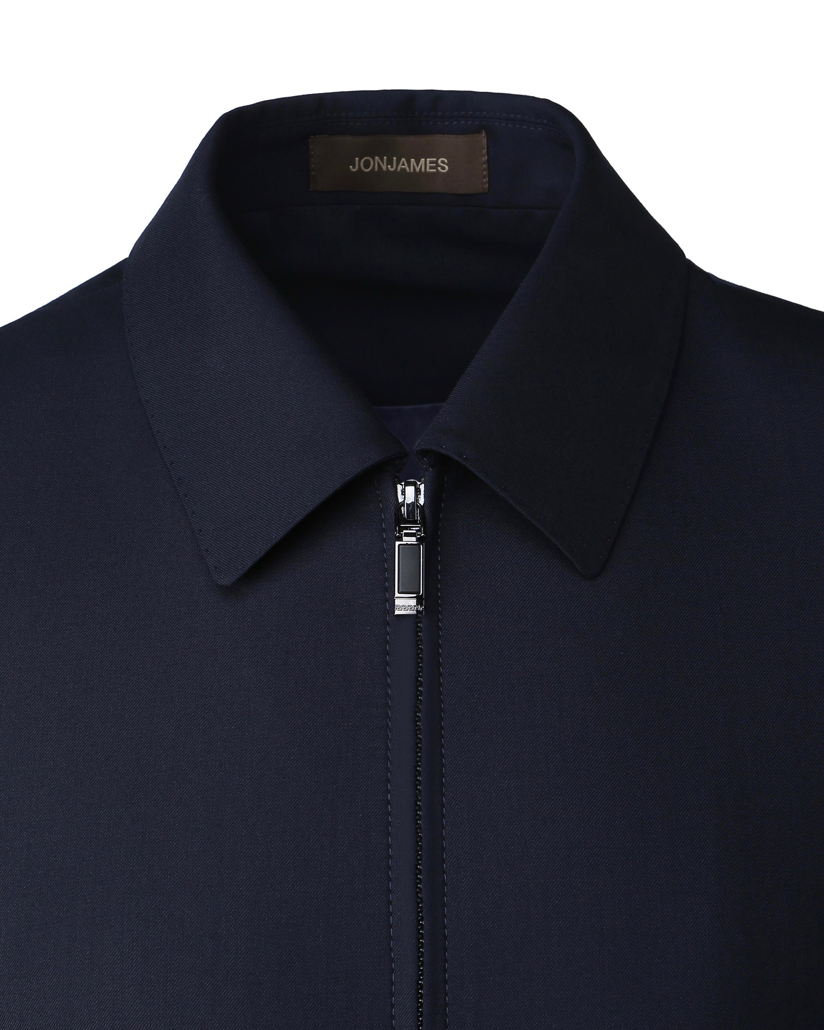Navy jacket with a zipper and 'JonJames' label on a white background