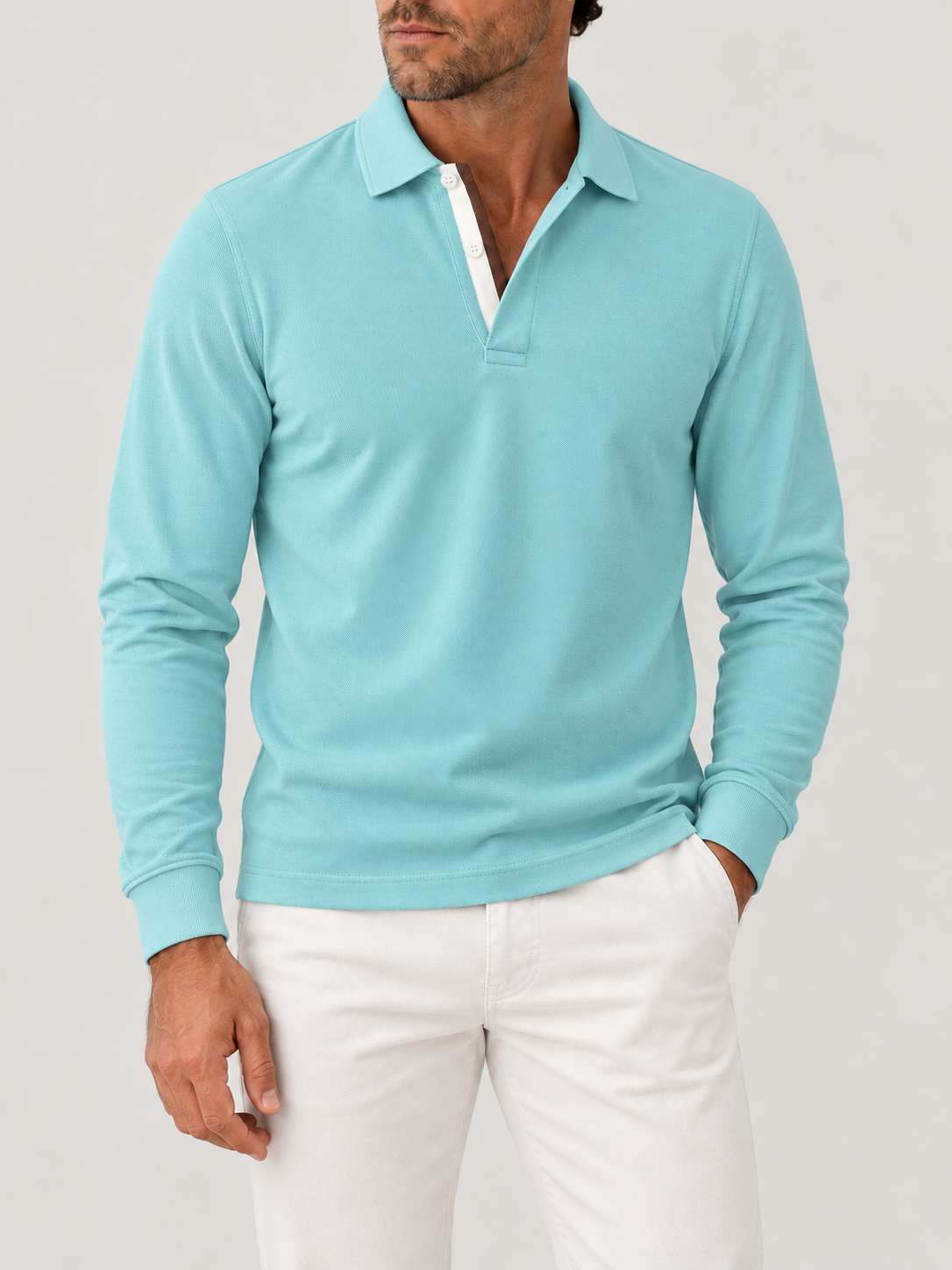 Aqua Piqué Polo - Long Sleeve - Regular Fit on model against pale grey background