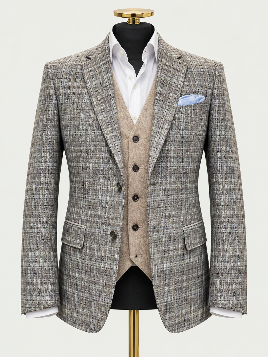 Autumnal Fawn Check Blazer on black mannequin with gold neck cap