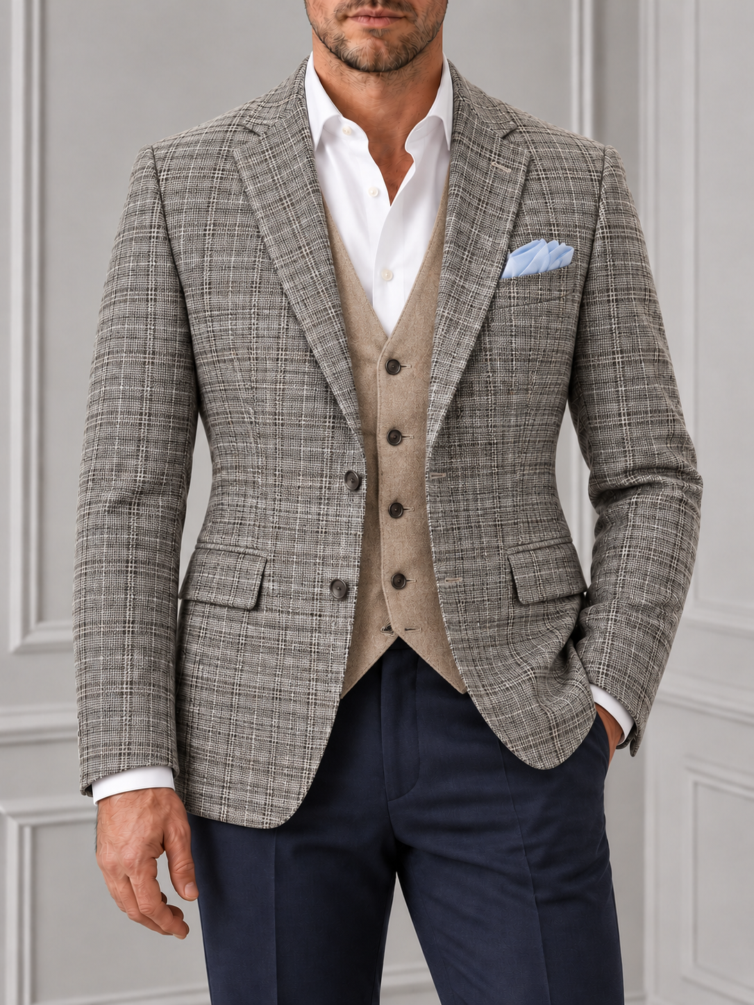 Autumnal Fawn Check Blazer on model against a pale grey panelled background