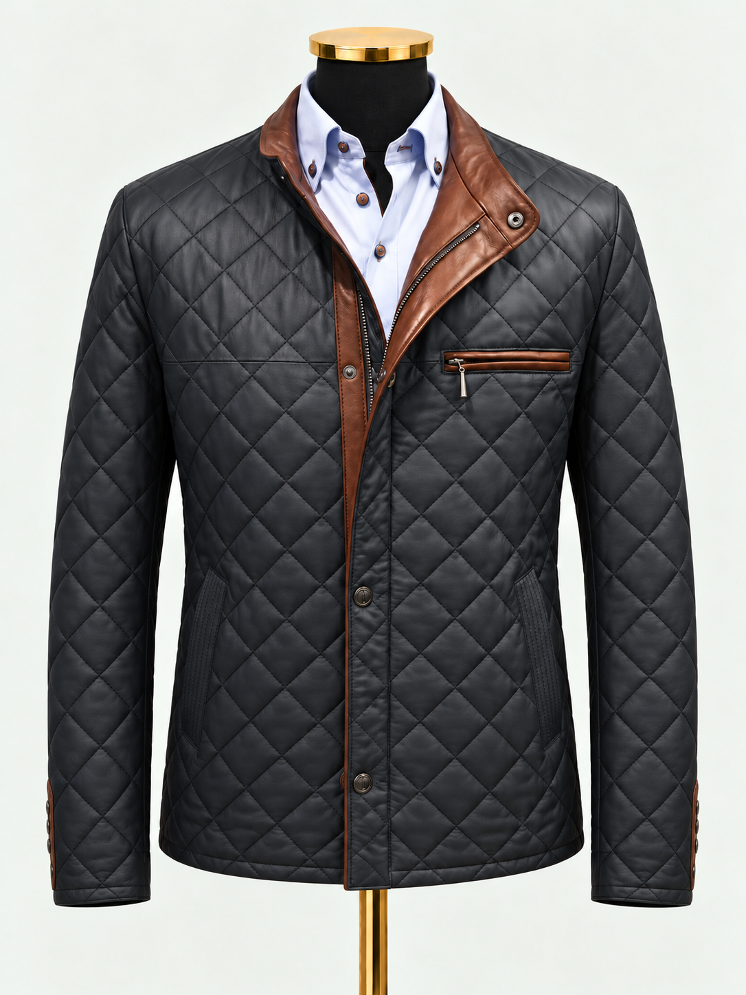 Dark Evening Blue Bentley Diamond Signature Leather Jacket on gold mannequin, with brown trim on rear buttoned sleeve openings