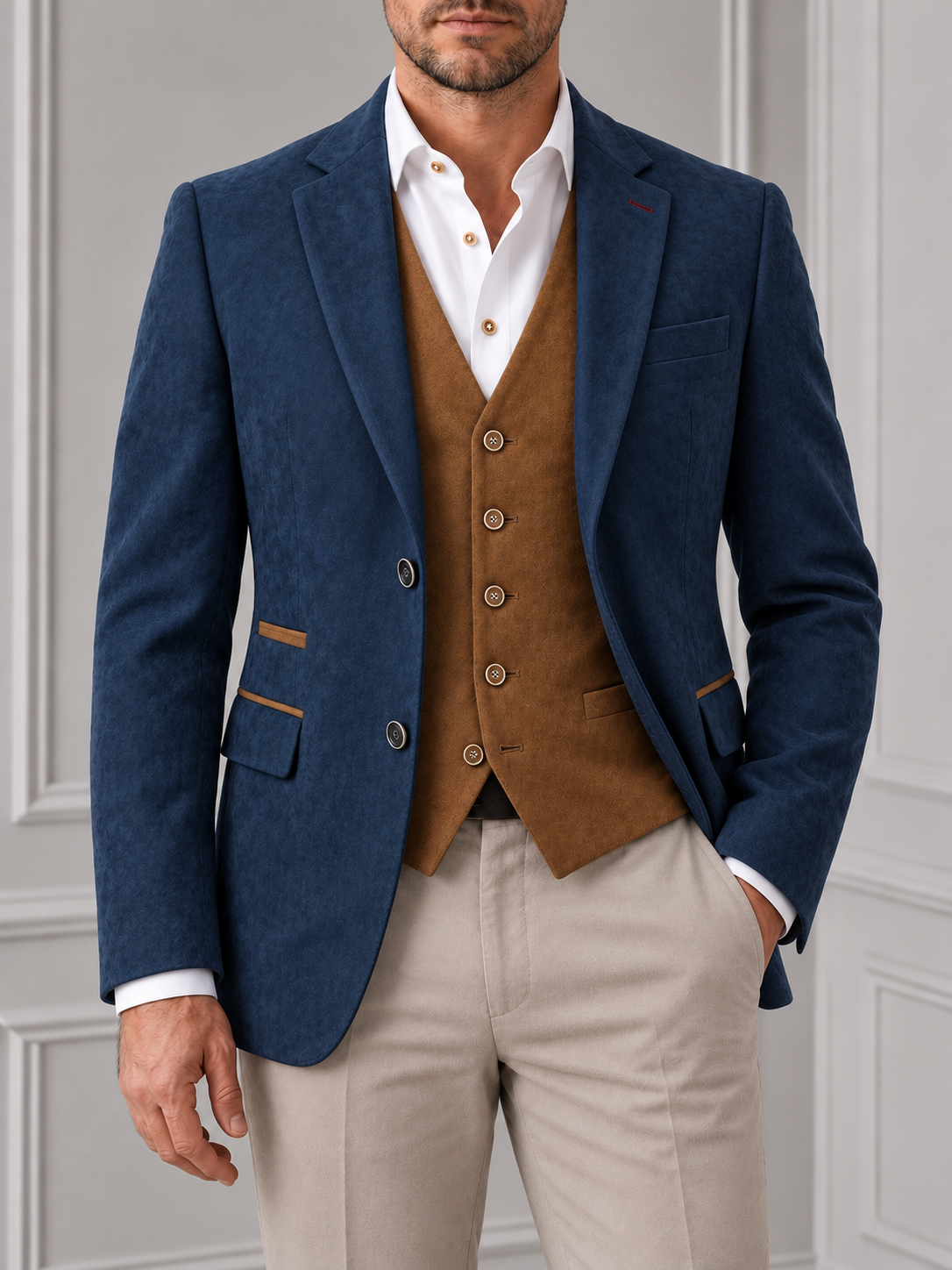 Navy Alcantara Blazer – Suede-Effect – Tailored Fit – model against pale grey panelling