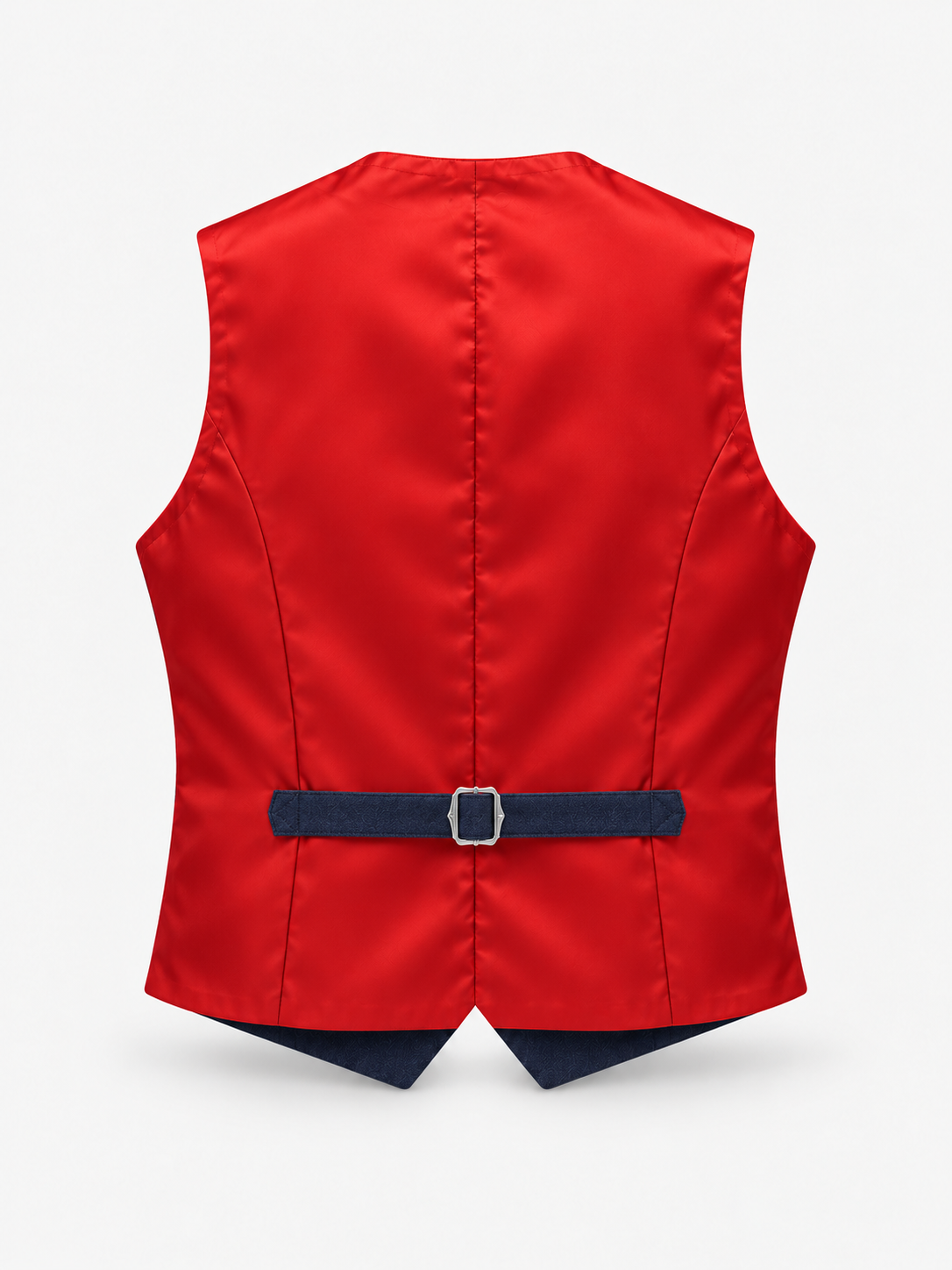 Blue waistcoat rear view showing red satin back and navy waist adjuster on pale grey background