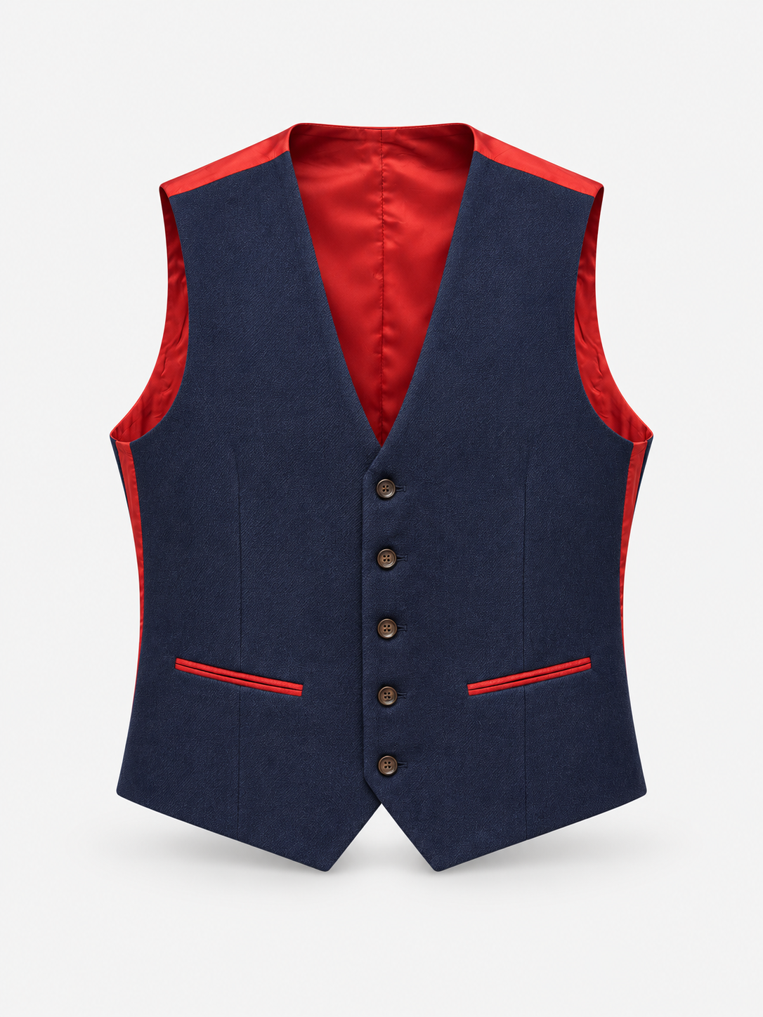 Navy blue waistcoat with red trim and lining, front view on pale grey background