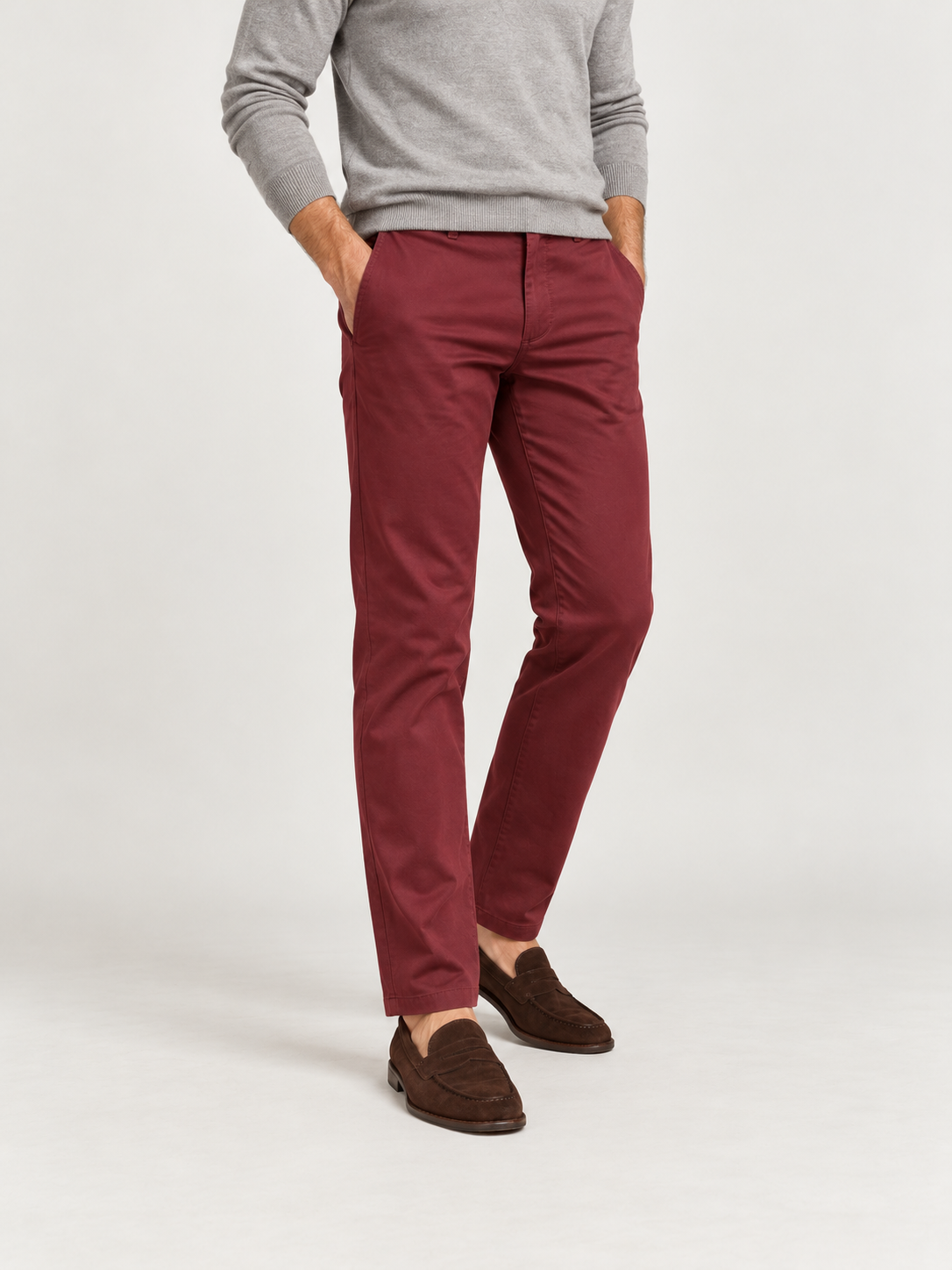 Bordeaux Sateen Cotton Chinos - Tailored Fit worn on a model with coordinating top and loafers