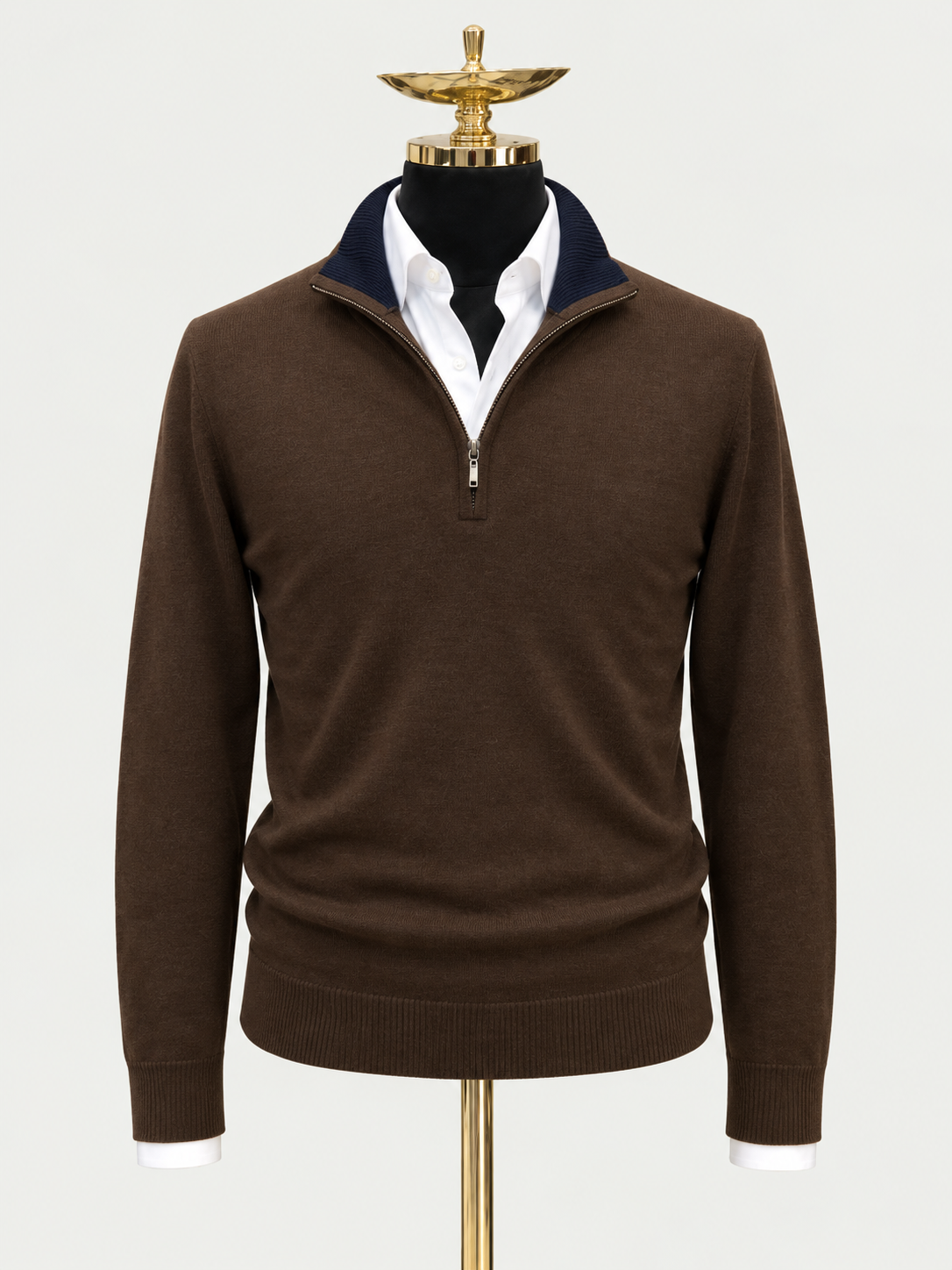 Brown Midnight Merino Wool Quarter Zip Sweater on a gold mannequin with a pale grey background
