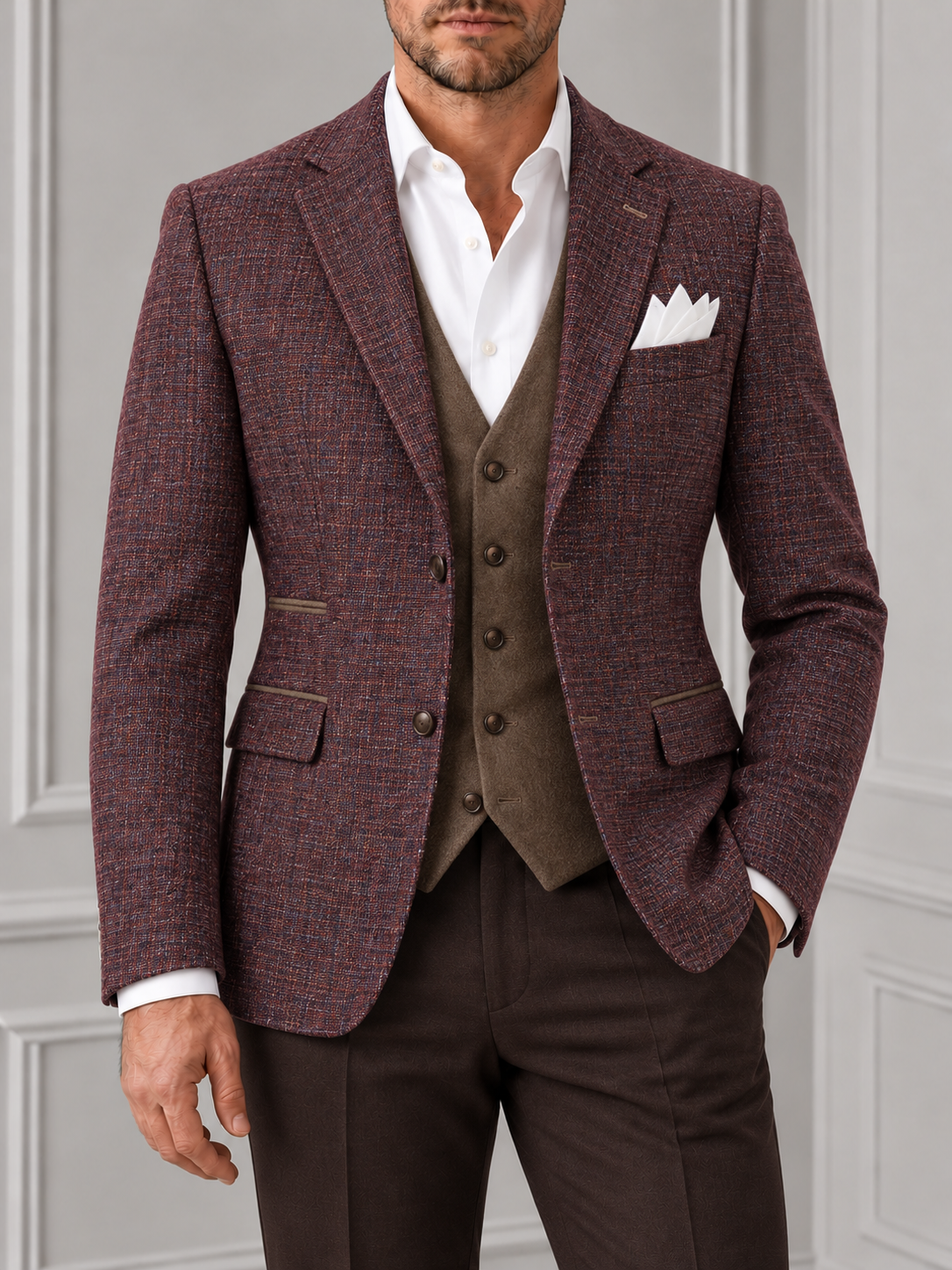 Burgundy Italian Virgin Wool Blazer with Contrast Trim on model against a pale grey panelled background