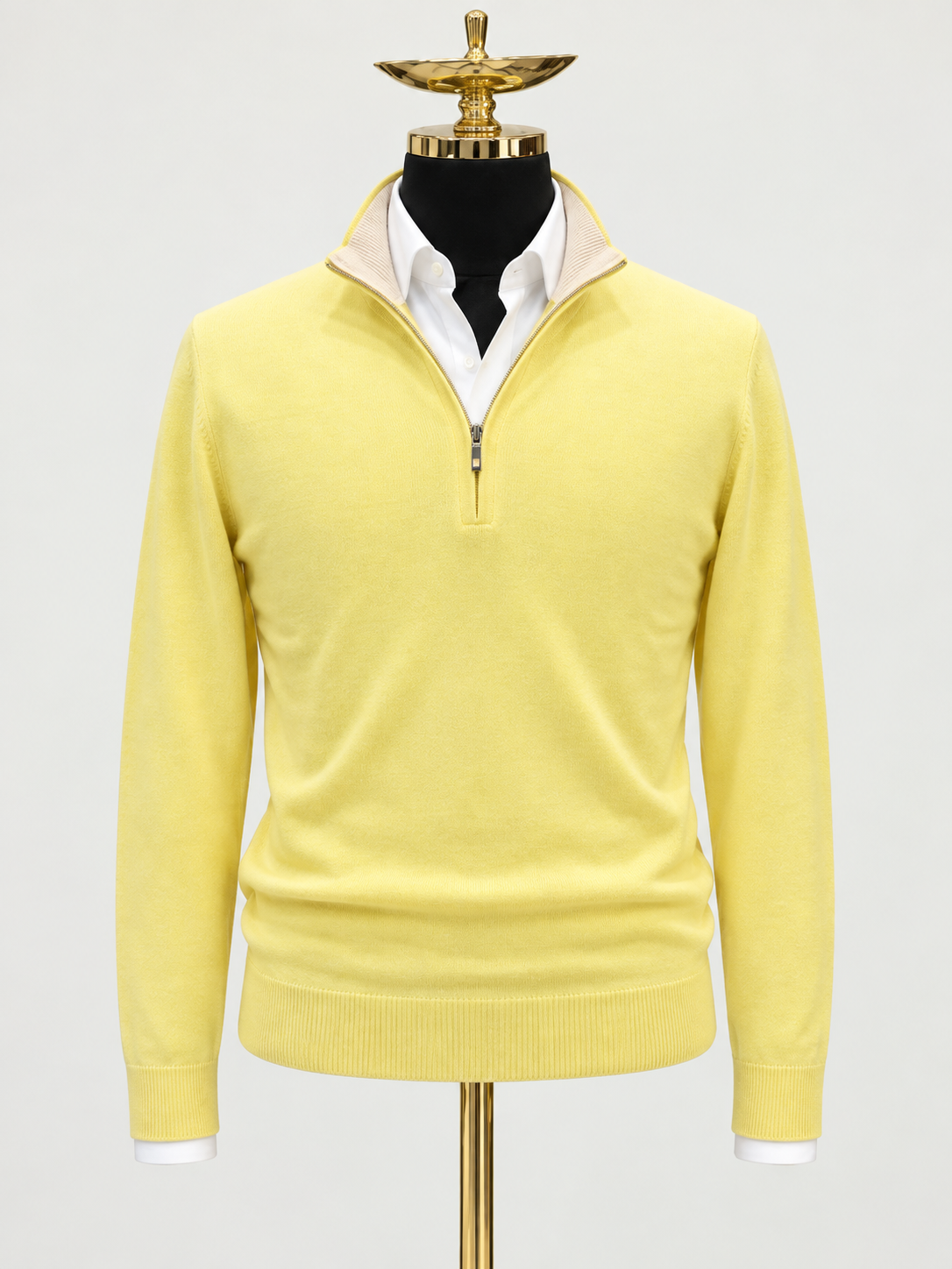 Citrus Yellow Merino Wool Half-Zip Sweater on a gold mannequin with a pale grey background
