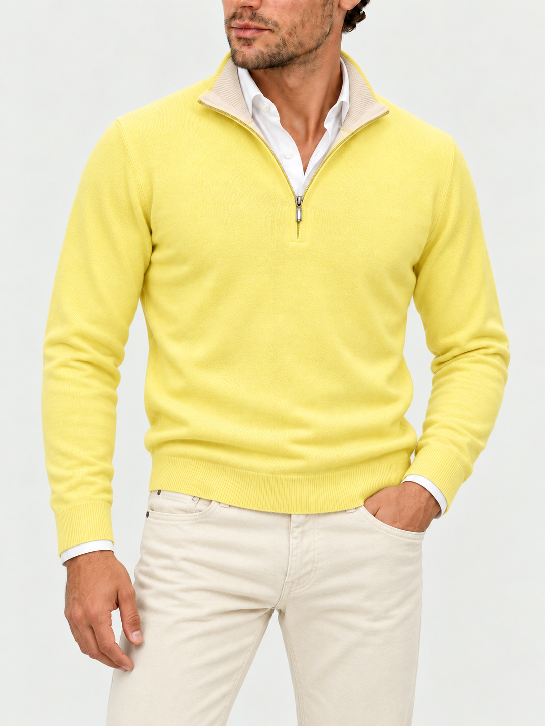 Citrus Yellow styled with off-white Holiday moleskin jeans