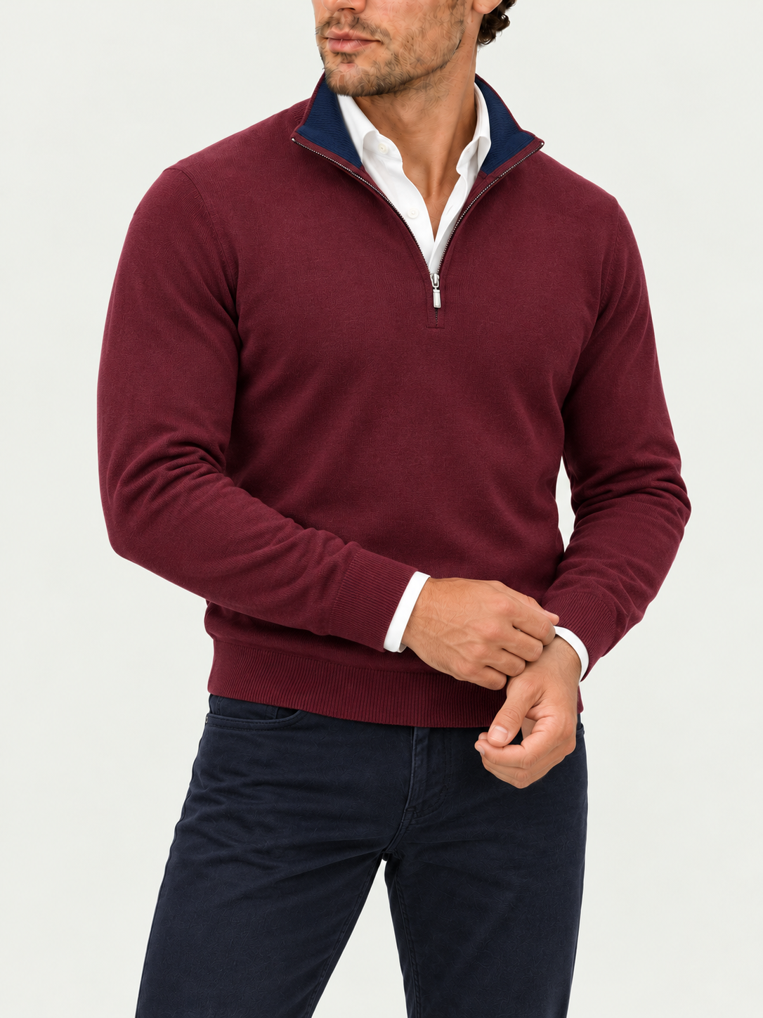 Crimson Tide styled with navy Holiday moleskin jeans and a white shirt