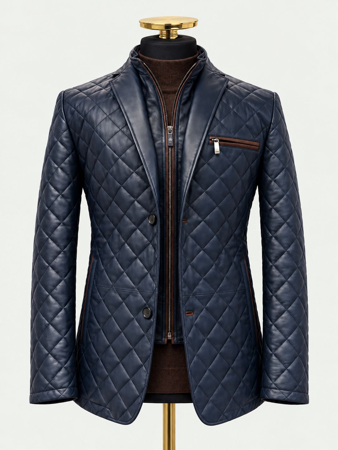 Dark Evening Blue Bentley Diamond Hybrid Leather Jacket on a black mannequin against a pale grey background