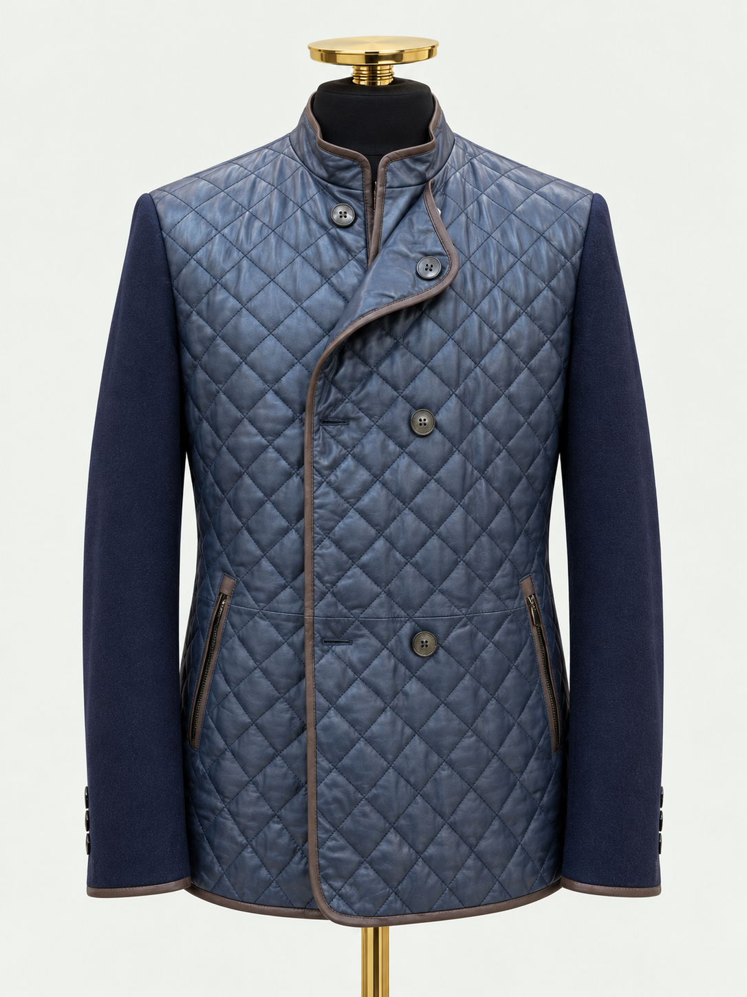 Double Breasted Diamond Stitch Nappa Leather Jacket on a black mannequin against a pale grey background