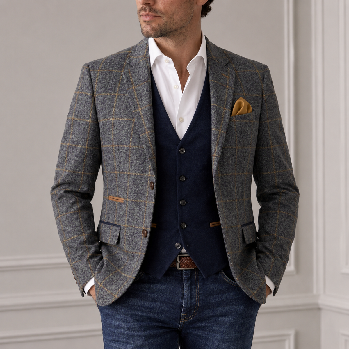 Grey Overcheck Wool Blend Blazer – Regular Fit – Made in Italy