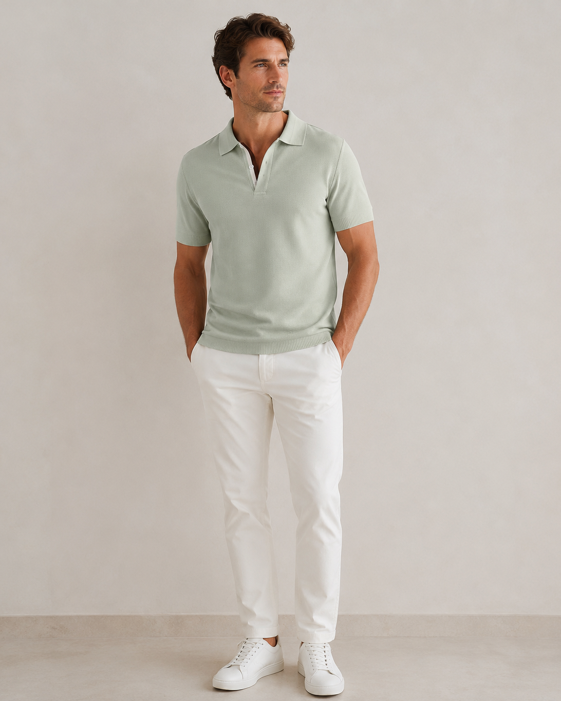 Man wearing a light green polo shirt and white pants against a plain background