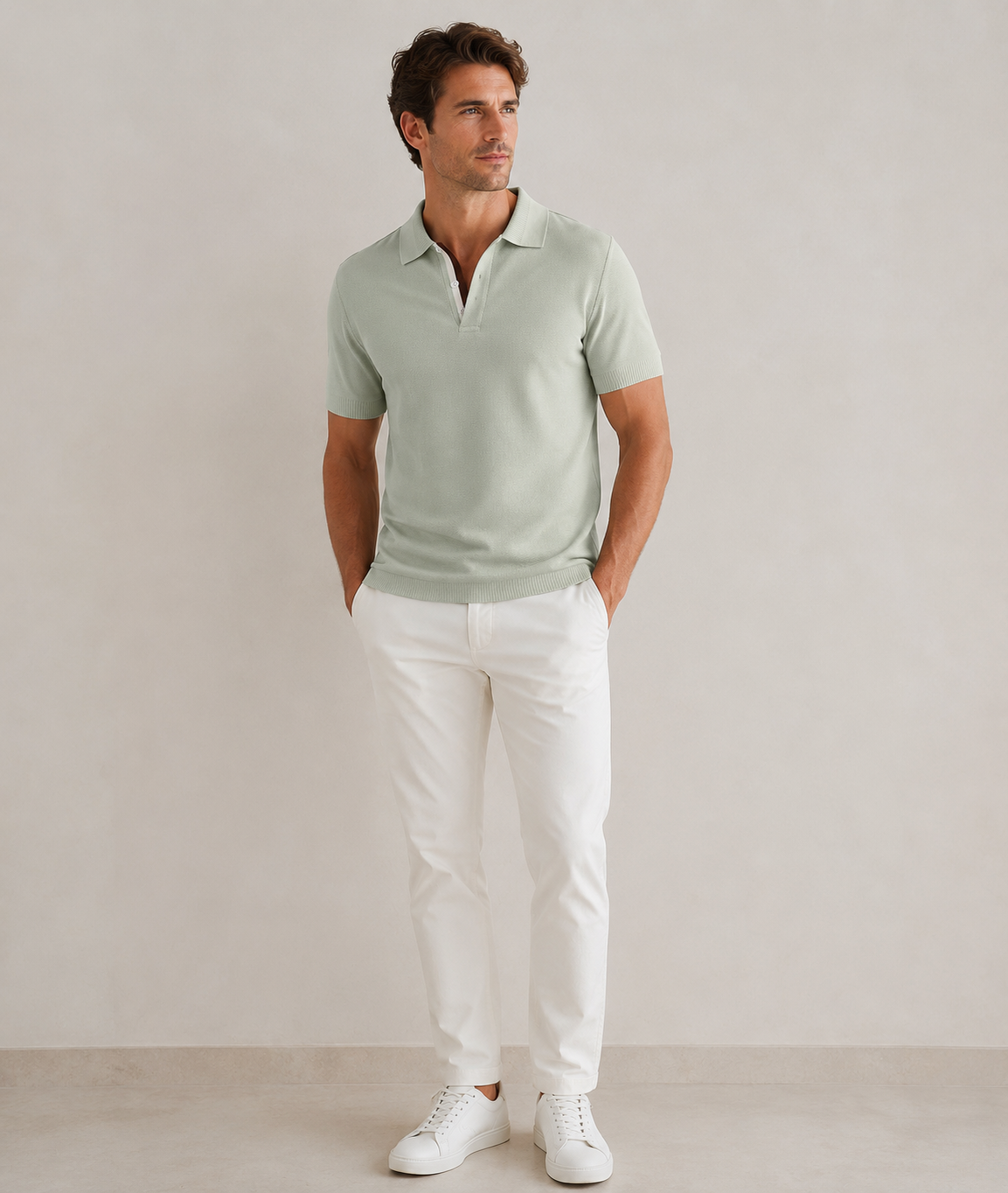 Man wearing a light green polo shirt and white pants against a plain background