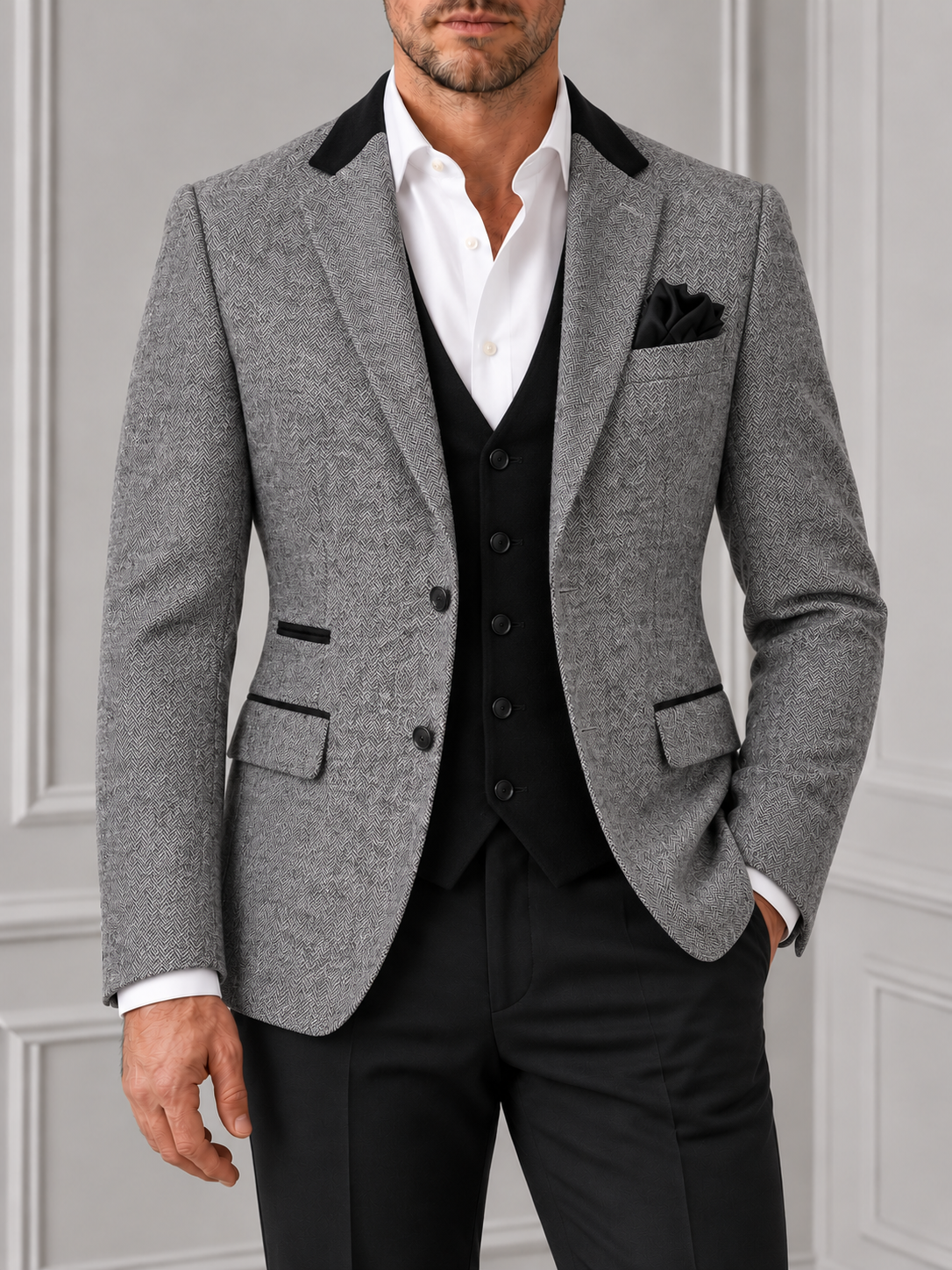 Grey Herringbone Blazer on model against a pale grey panelled background
