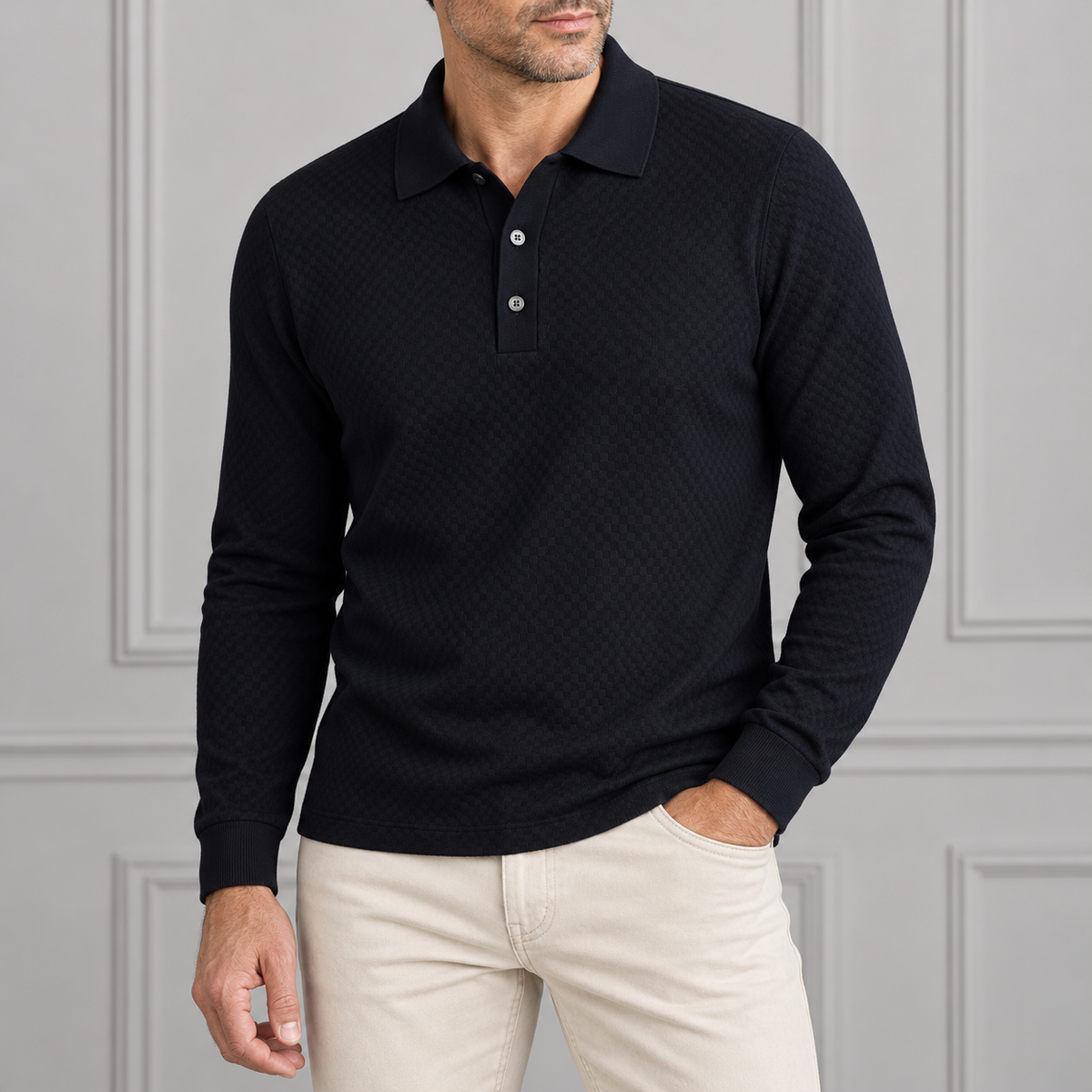 Model wearing JONJAMES long sleeve jacquard polo with cream moleskin jeans