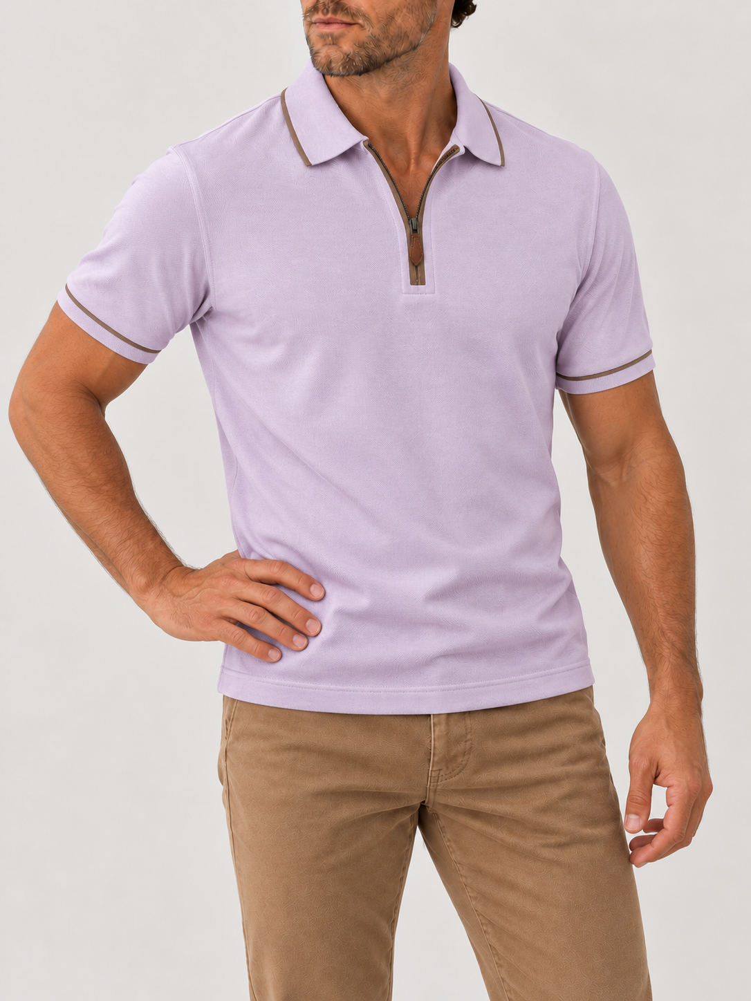 Lila Riviera Performance Polo on model against pale grey background