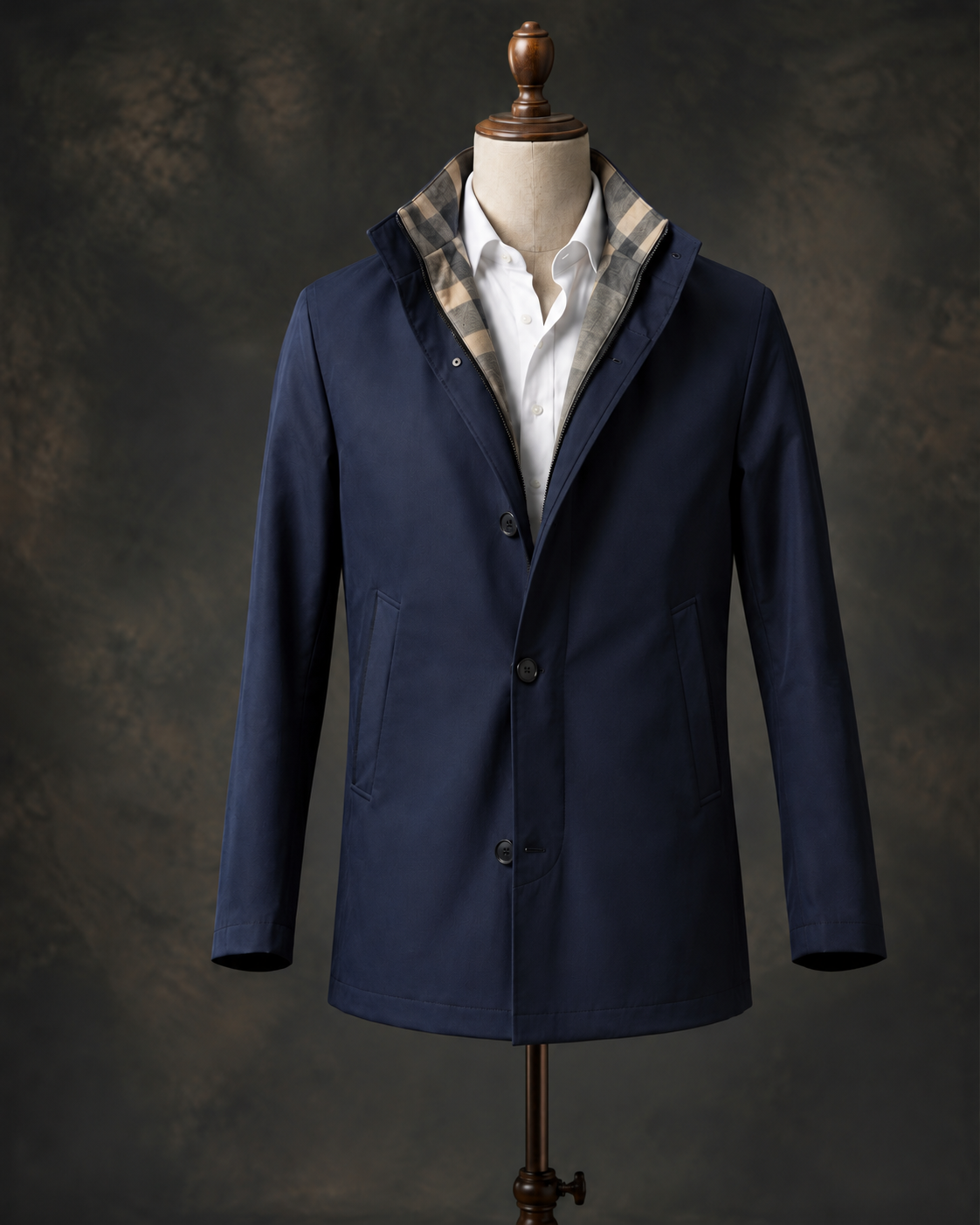 Mayfair Navy Silk-Padded Short Car Coat