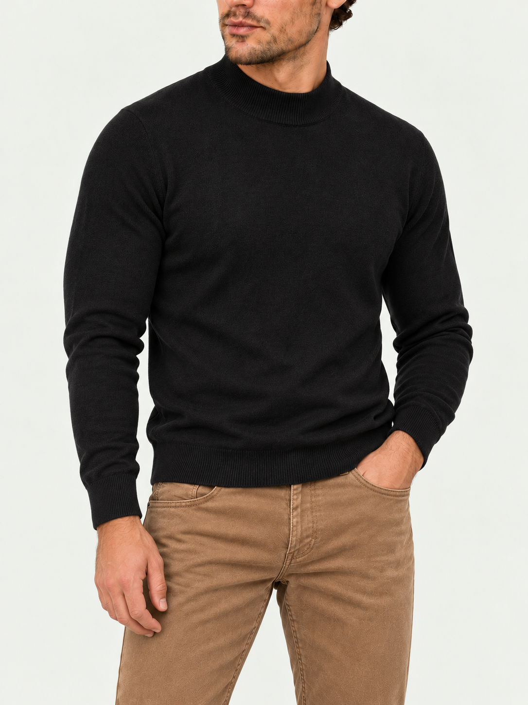 Merino Wool Mock Neck Knit – Black | Made in Italy styled with camel Holiday moleskin jeans