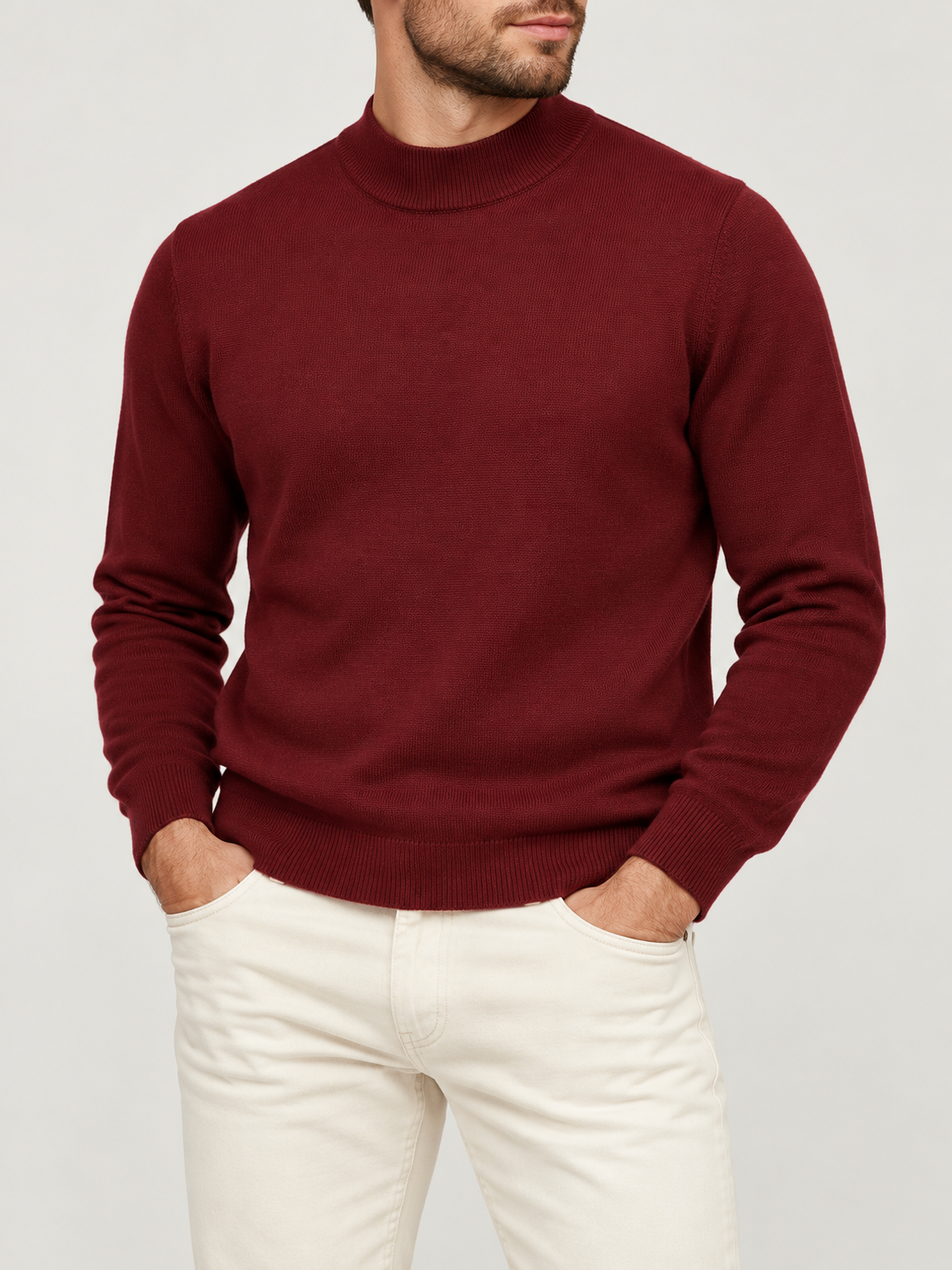 Merino Wool Mock Neck Knit – Burgundy | Made in Italy styled with off-white Holiday moleskin jeans