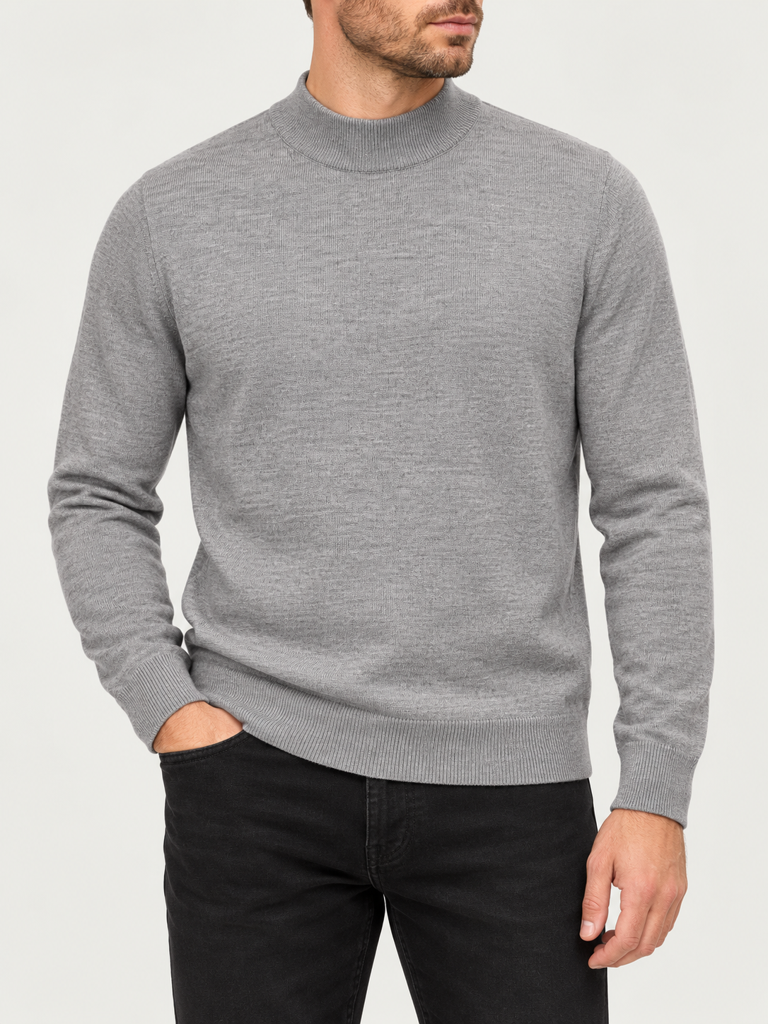 Merino Wool Mock Neck Knit – Light Grey | Made in Italy styled with black Holiday moleskin jeans