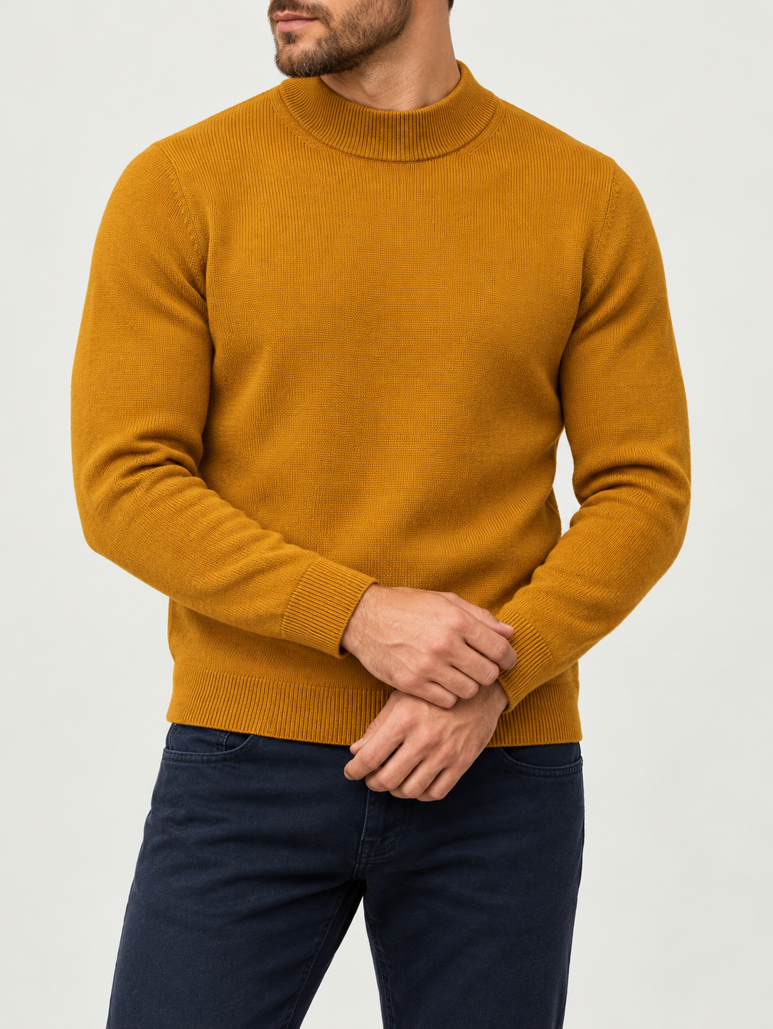 Merino Wool Mock Neck Knit – Mustard | Made in Italy styled with navy Holiday moleskin jeans